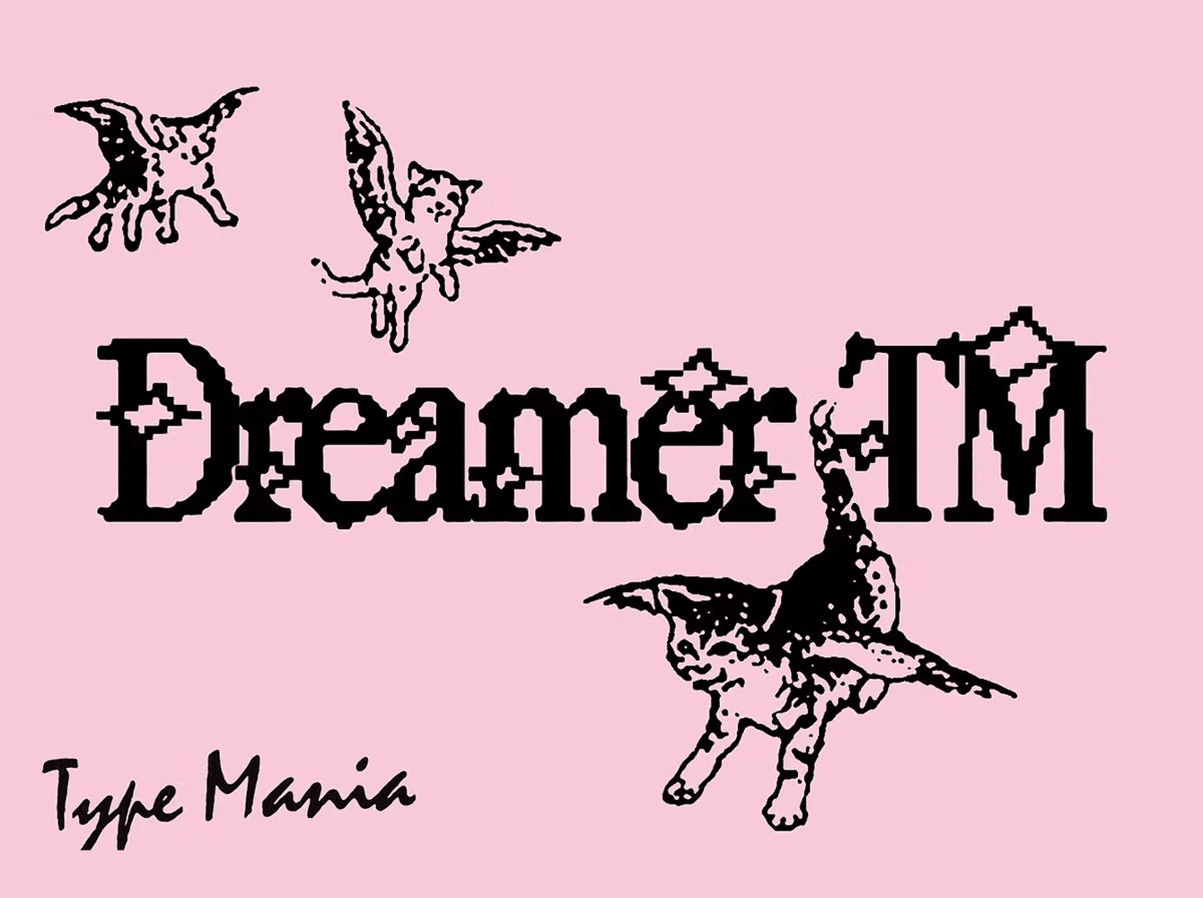 Dreamer TM typeface in a pixelated gothic style with winged cat illustrations on pink, a glitchy y2k display font for edgy posters and music artwork