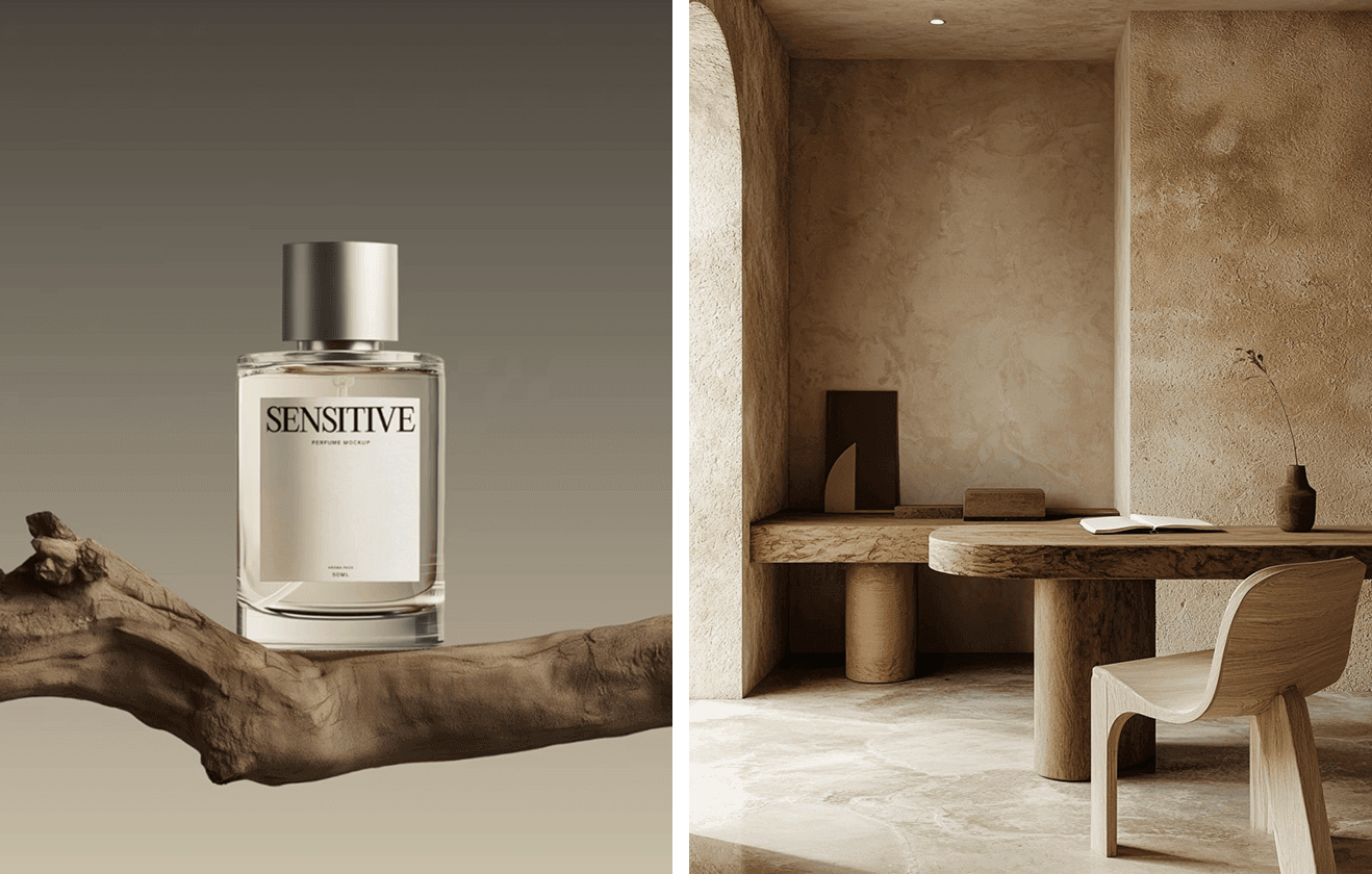 Minimalist perfume bottle mockup on a wooden branch with a warm, earthy interior scene in neutral tones