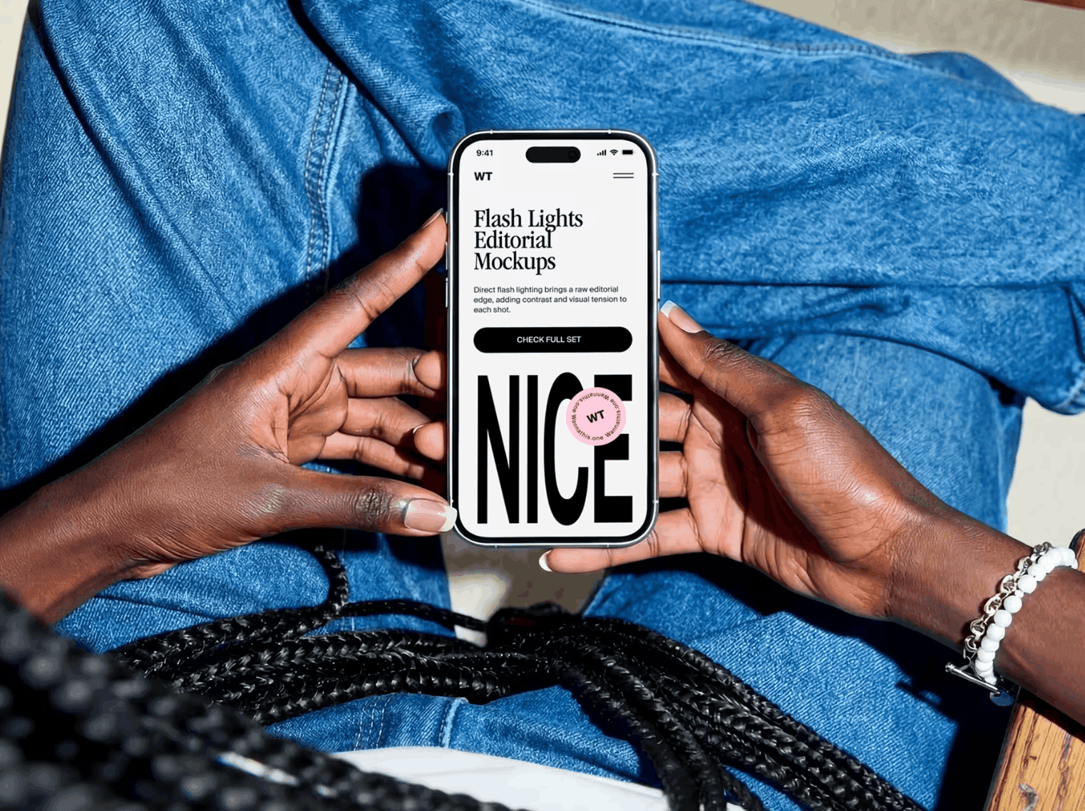 Editorial iPhone mockup in hands with bold typography, realistic mobile branding scene