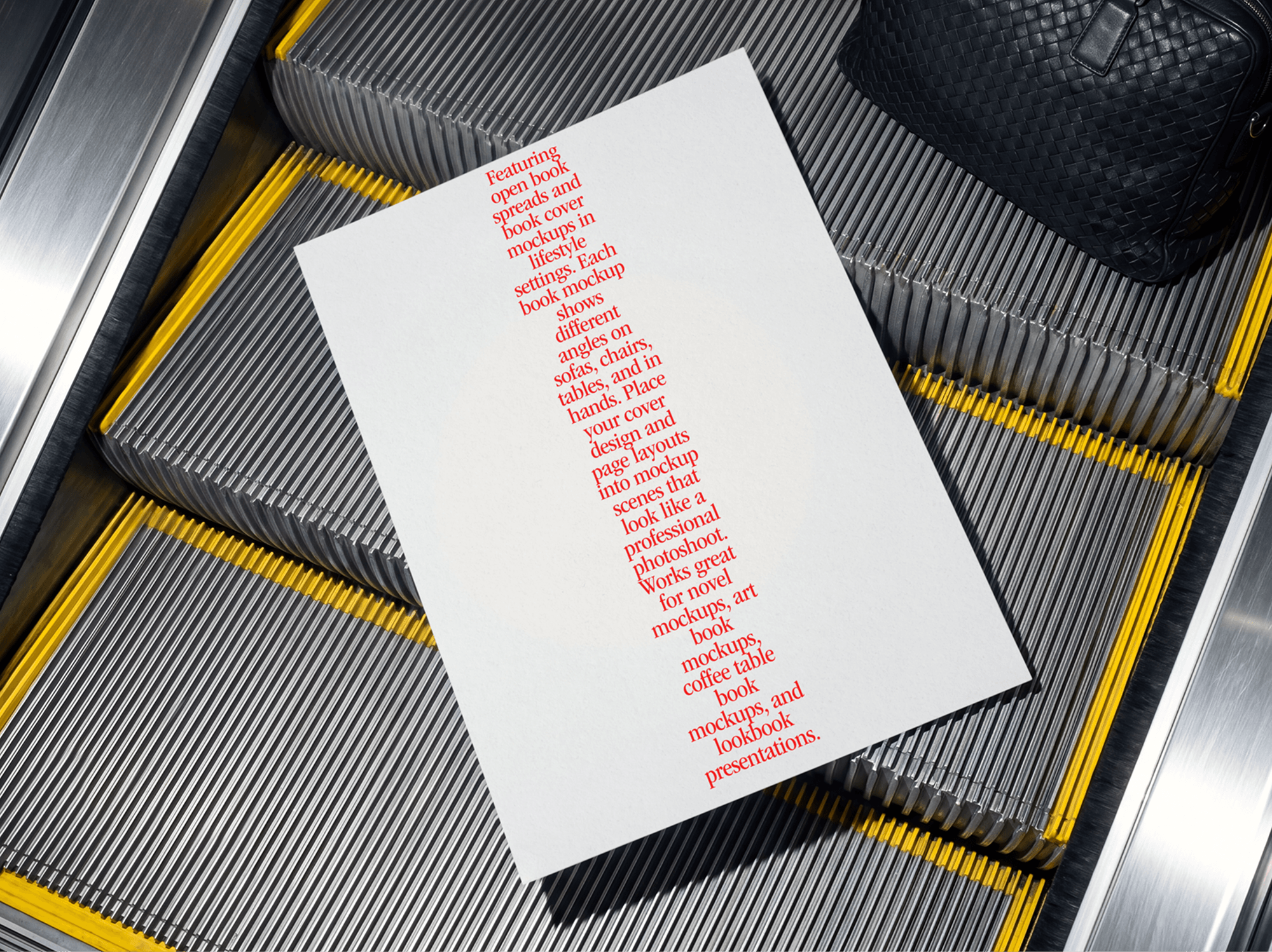 Editorial poster mockup placed on refined modern escalator steps in a casual urban interior transit scene