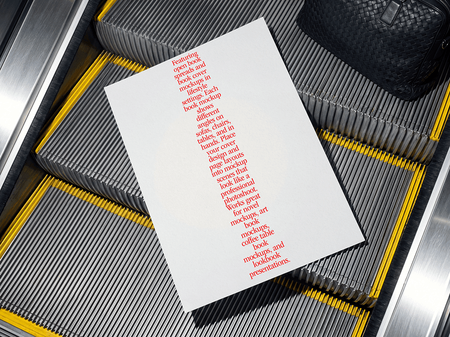 Editorial poster mockup placed on refined modern escalator steps in a casual urban interior transit scene