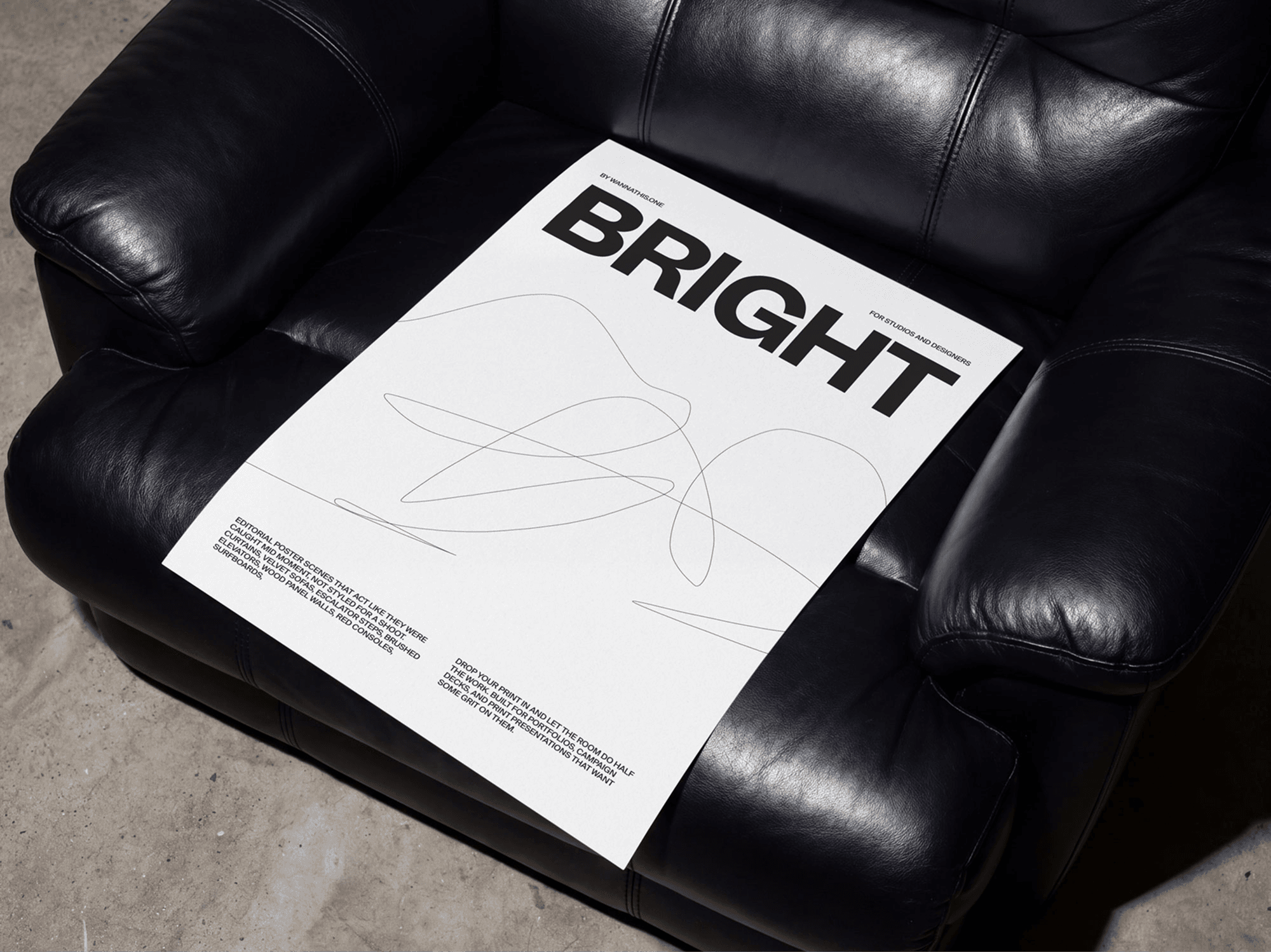 Editorial poster mockup placed on a refined leather armchair seat in a warm modern interior scene