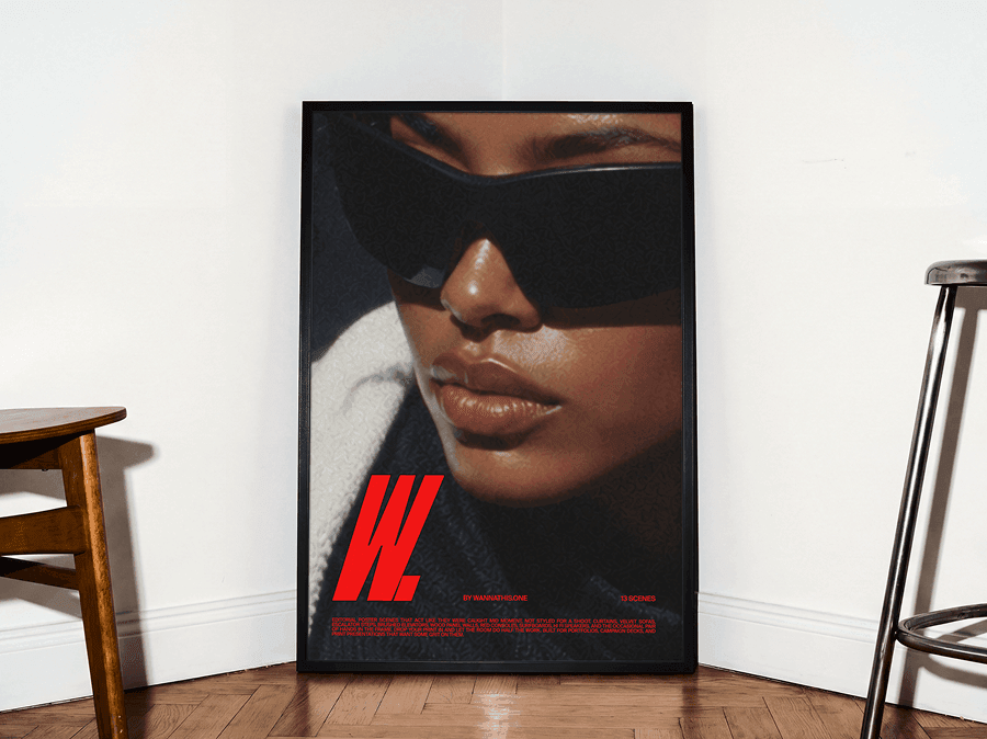 Large framed editorial poster mockup leaning against a refined wall on a warm wooden floor in modern interior scene