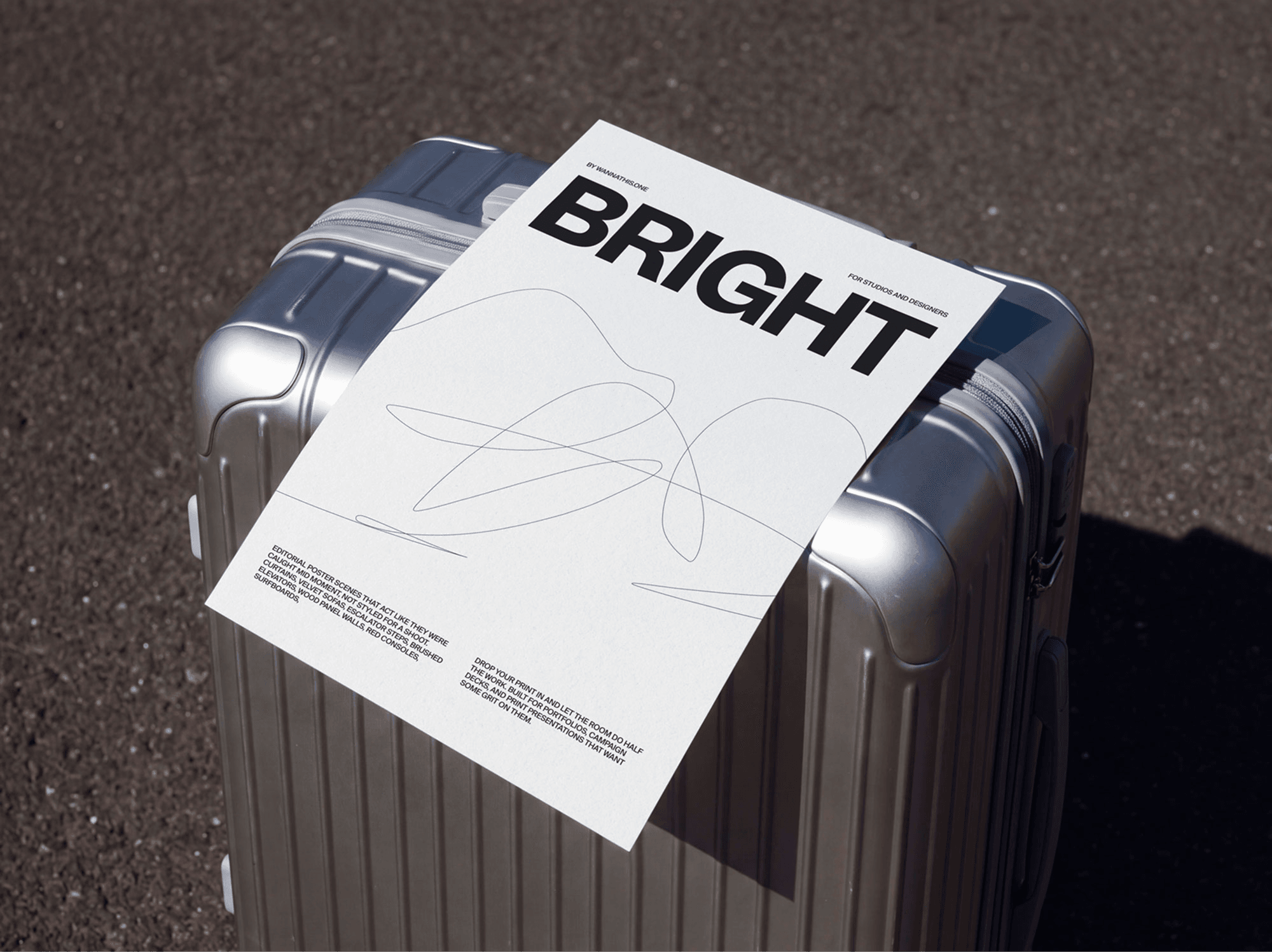 Editorial poster mockup laid on top of a refined travel suitcase outdoors in a natural lifestyle scene