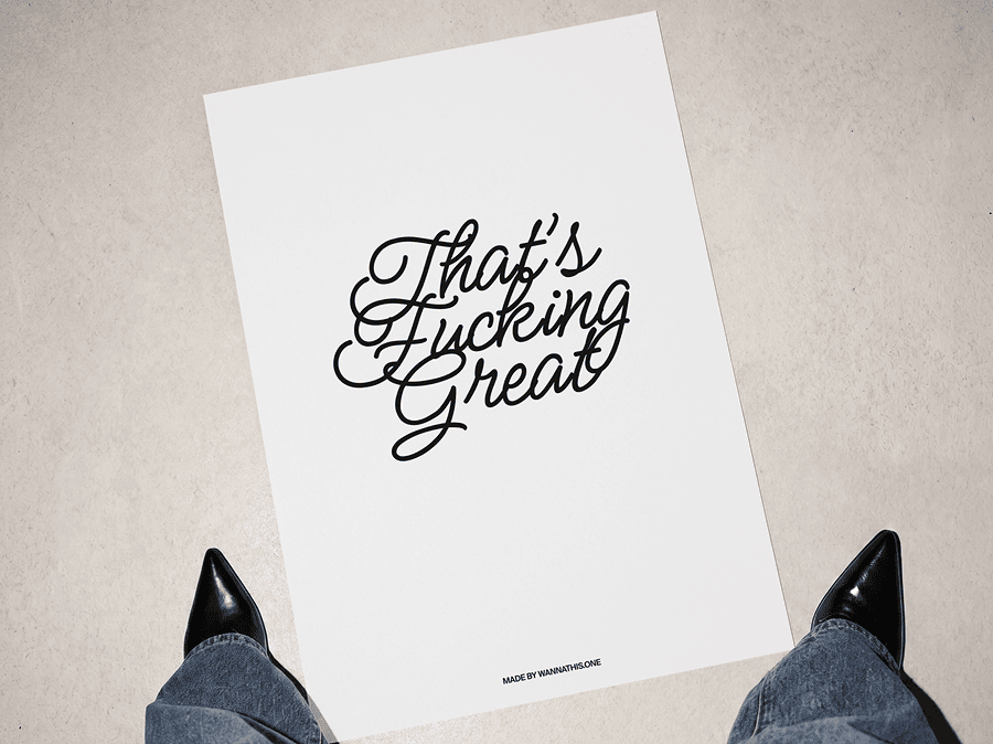 Large editorial poster mockup displayed flat on the floor from a refined top down perspective angle