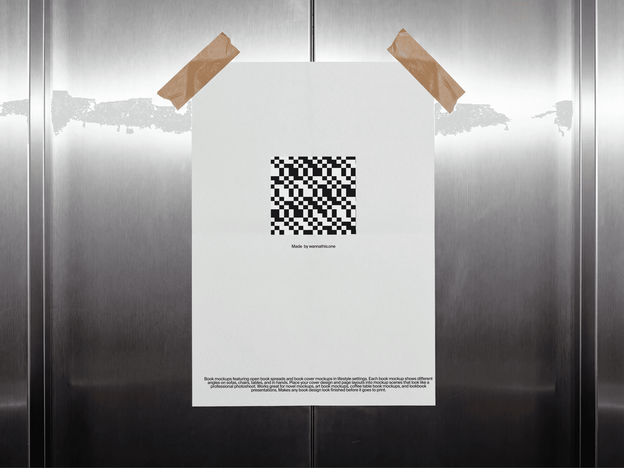 Editorial poster mockup taped to a sleek metal elevator wall surface in a refined urban interior scene