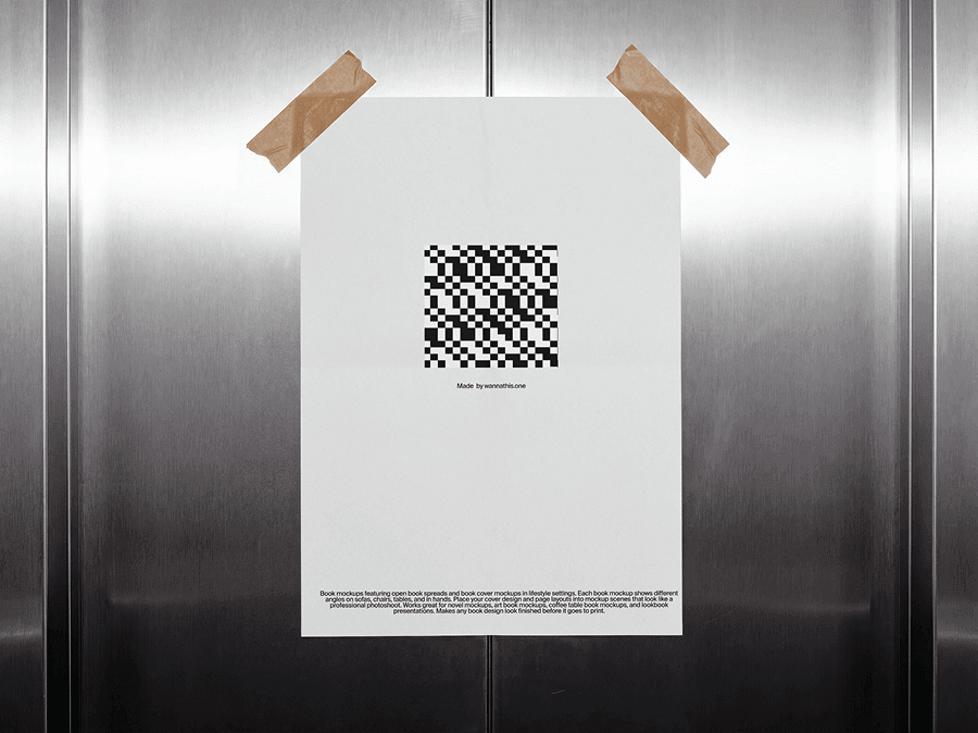 Editorial poster mockup taped to a sleek metal elevator wall surface in a refined urban interior scene