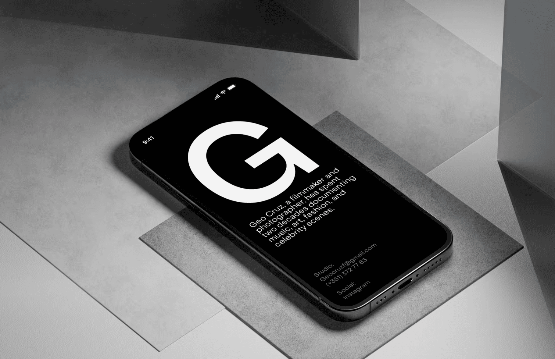 Elegant iPhone mockup on geometric grey textures, minimal professional layout by Wannathis