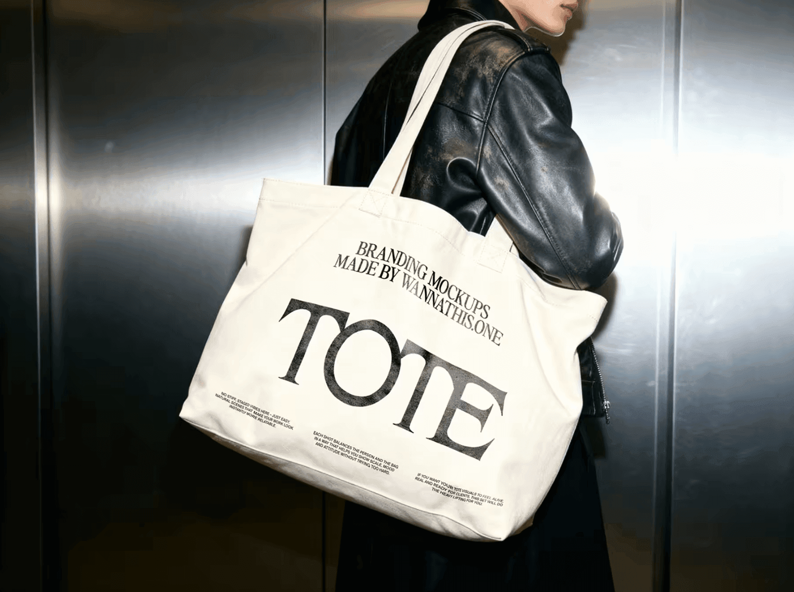 Minimal branding tote bag mockup carried in elevator, realistic lifestyle presentation