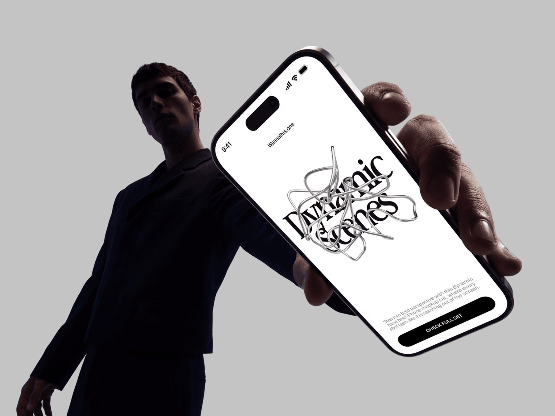 Fashion model presenting an iPhone mockup with a strong perspective view