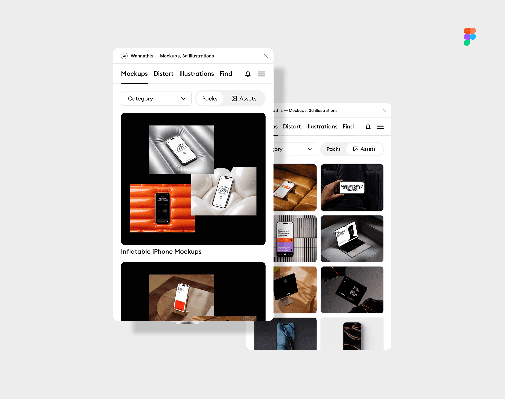 Two plugin panels showing a mockup library inside Figma, with Mockups, Distort and Illustrations tabs and a grid of iPhone and device mockup scenes to browse