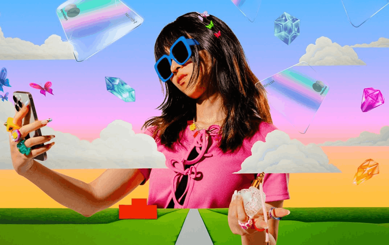Y2K inspired colorful digital branding campaign nostalgic Gen Z aesthetic with surreal 3D elements