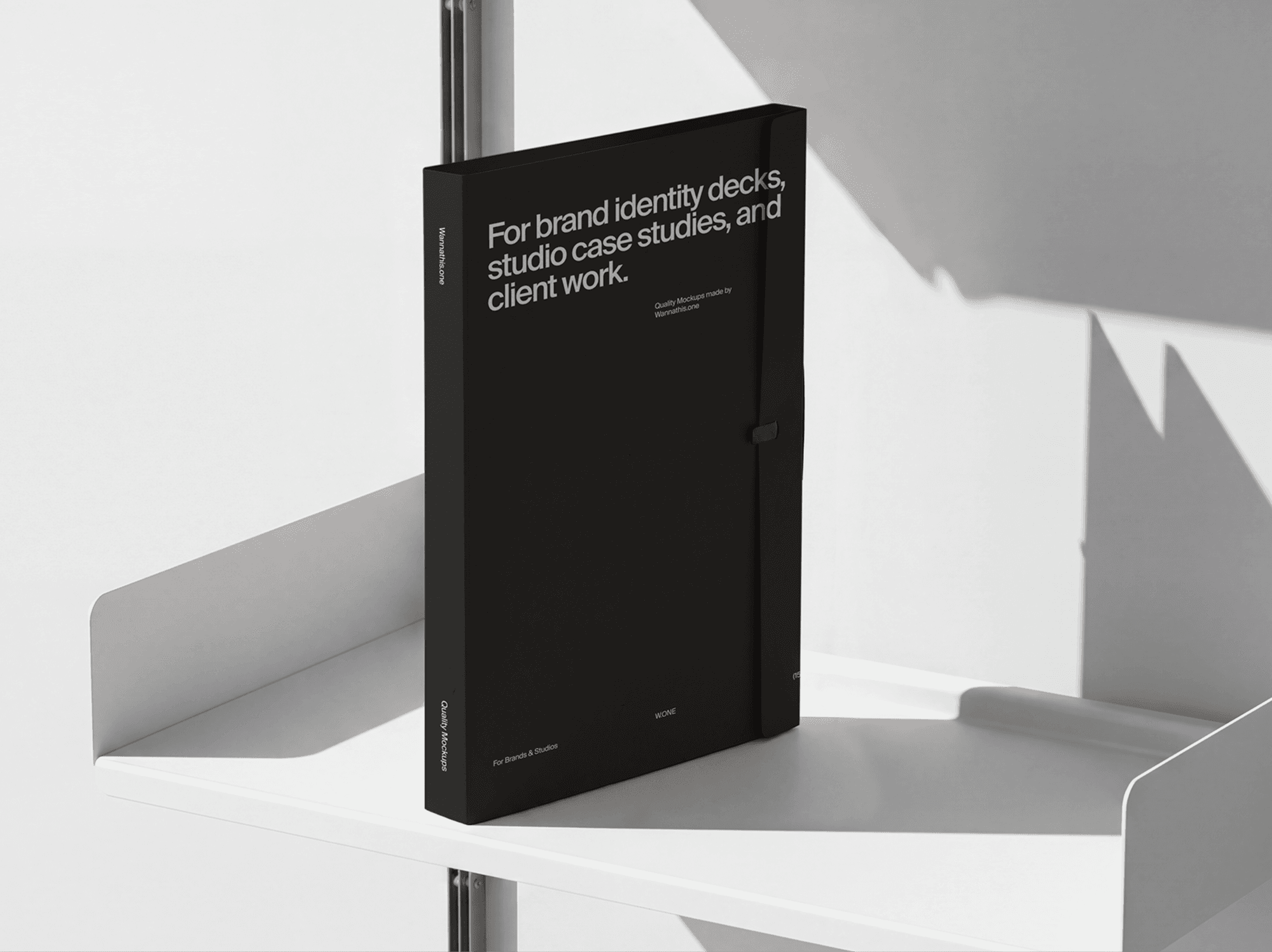 Presentation folder mockup standing upright on a modern shelf in a refined product studio composition scene
