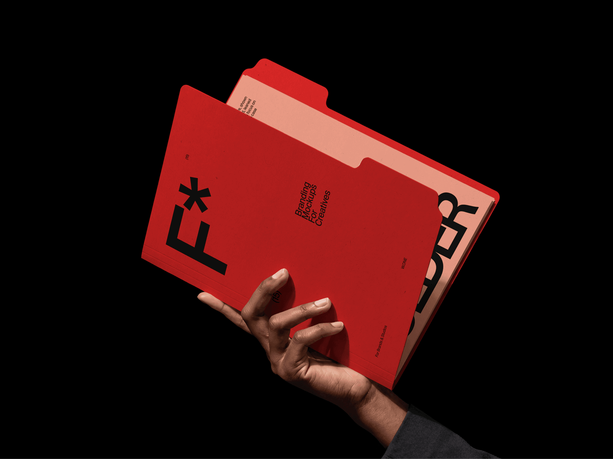 Presentation folder mockup held in a single hand with visible documents inside in a refined studio scene