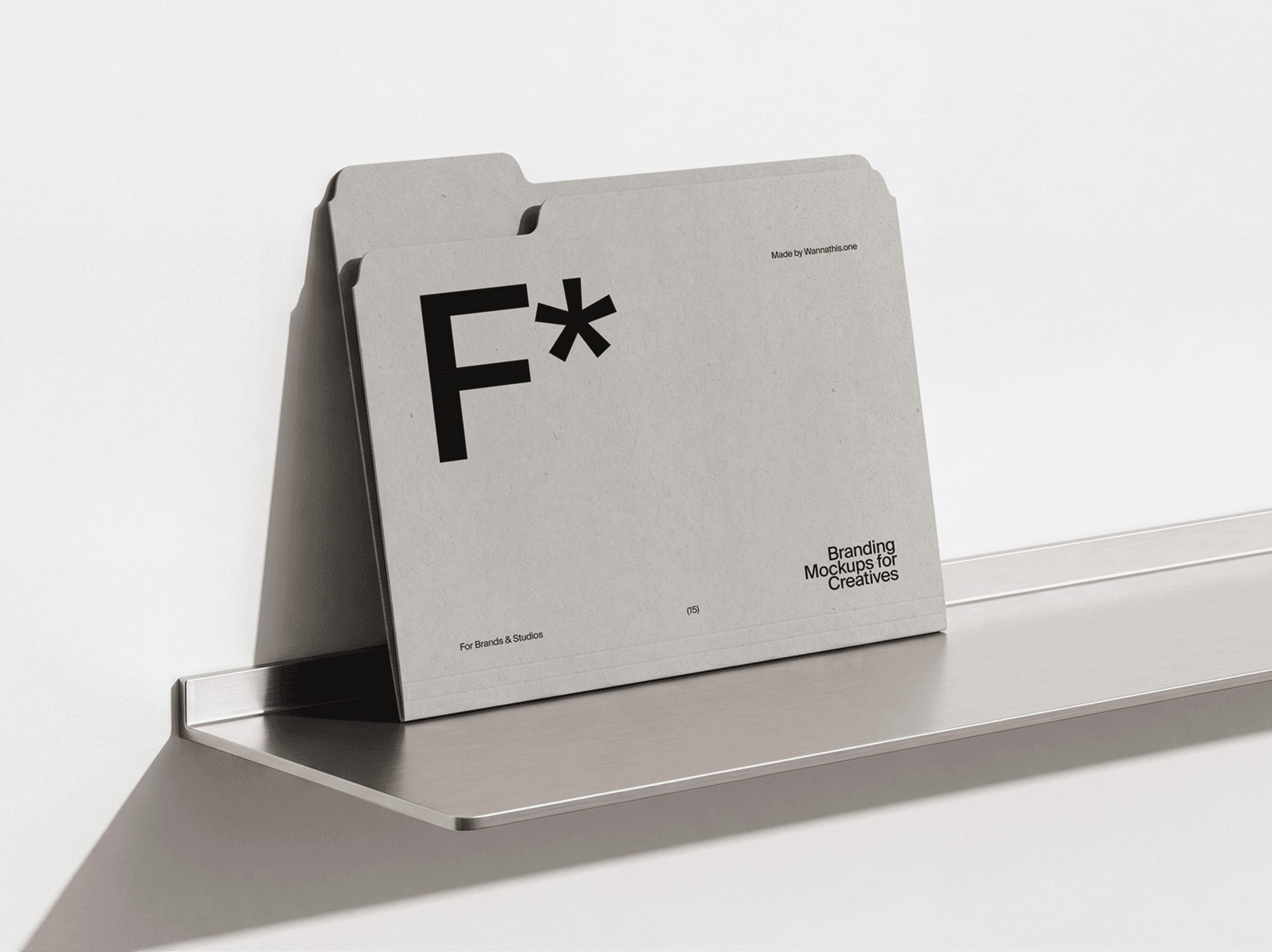 Tab file folder mockup with visible tab standing on a modern shelf in a refined office studio scene