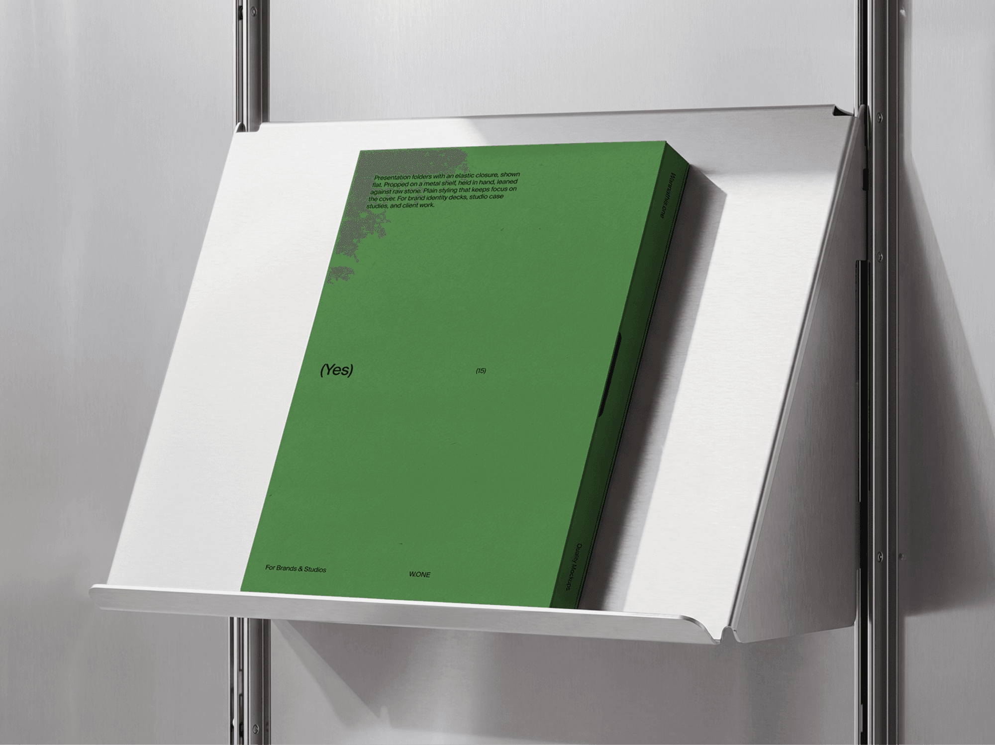 Presentation folder mockup placed on a clean minimal display shelf in a refined studio composition scene