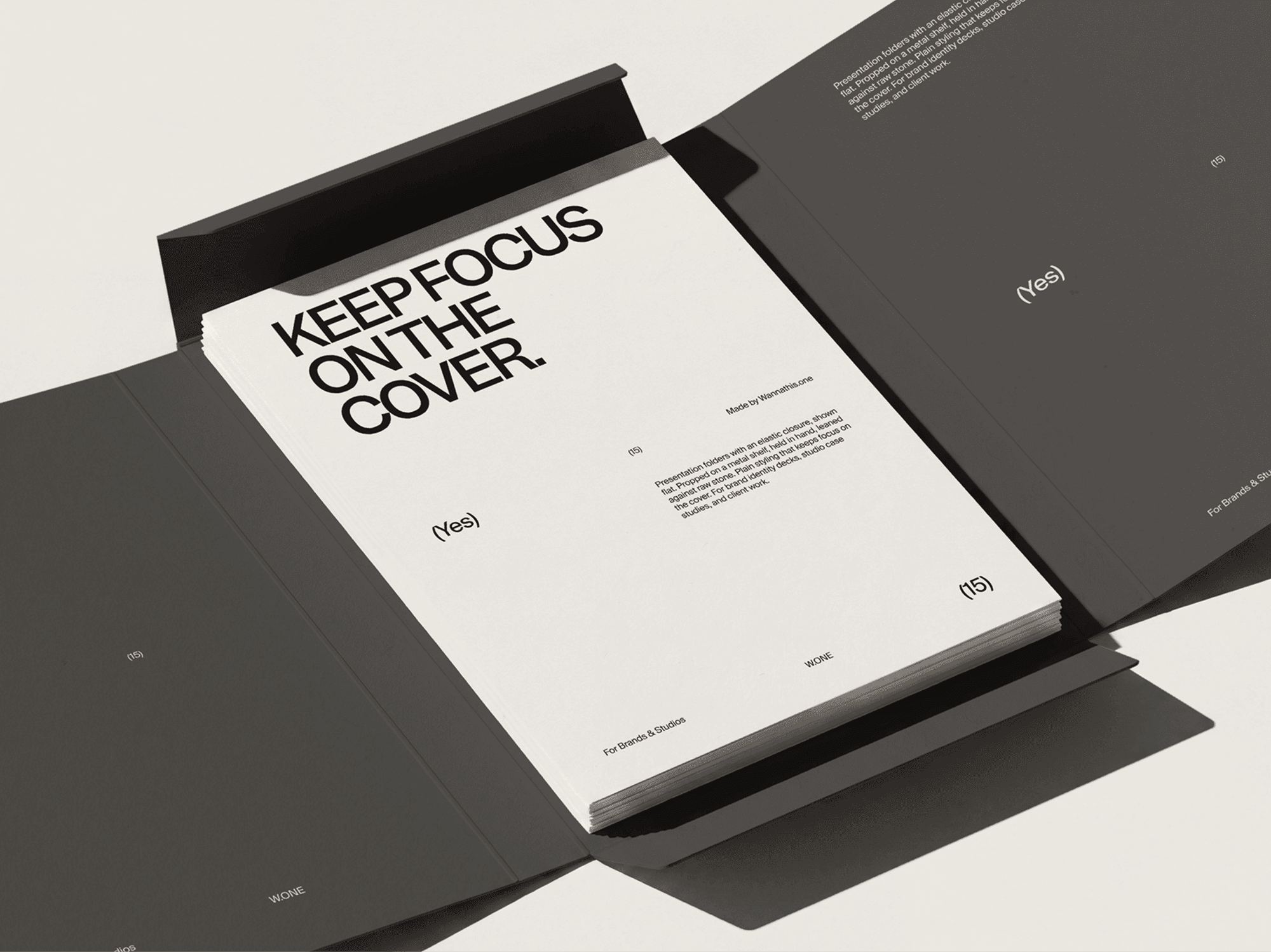 Open presentation folder mockup displaying printed documents inside in a refined studio product scene