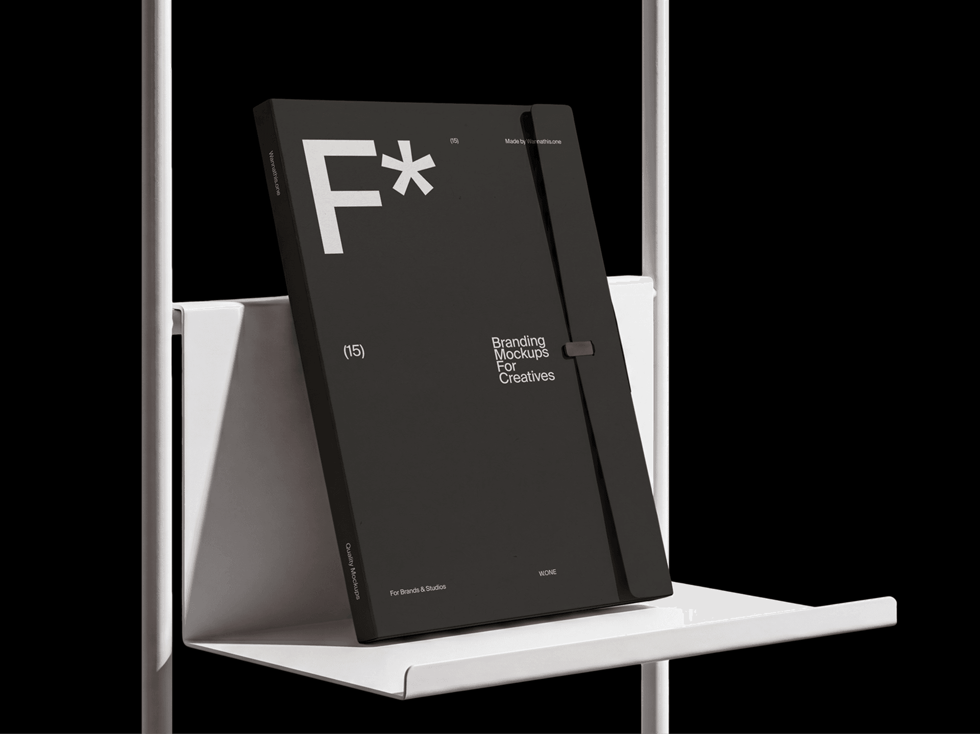 Presentation folder mockup standing on a modern display shelf in a refined product studio composition scene