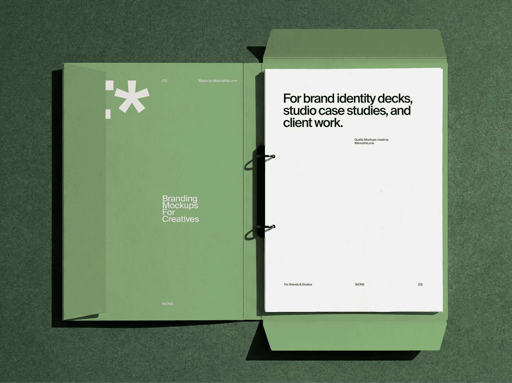 Ring binder presentation folder mockup opened with visible binder mechanism in a refined studio composition scene