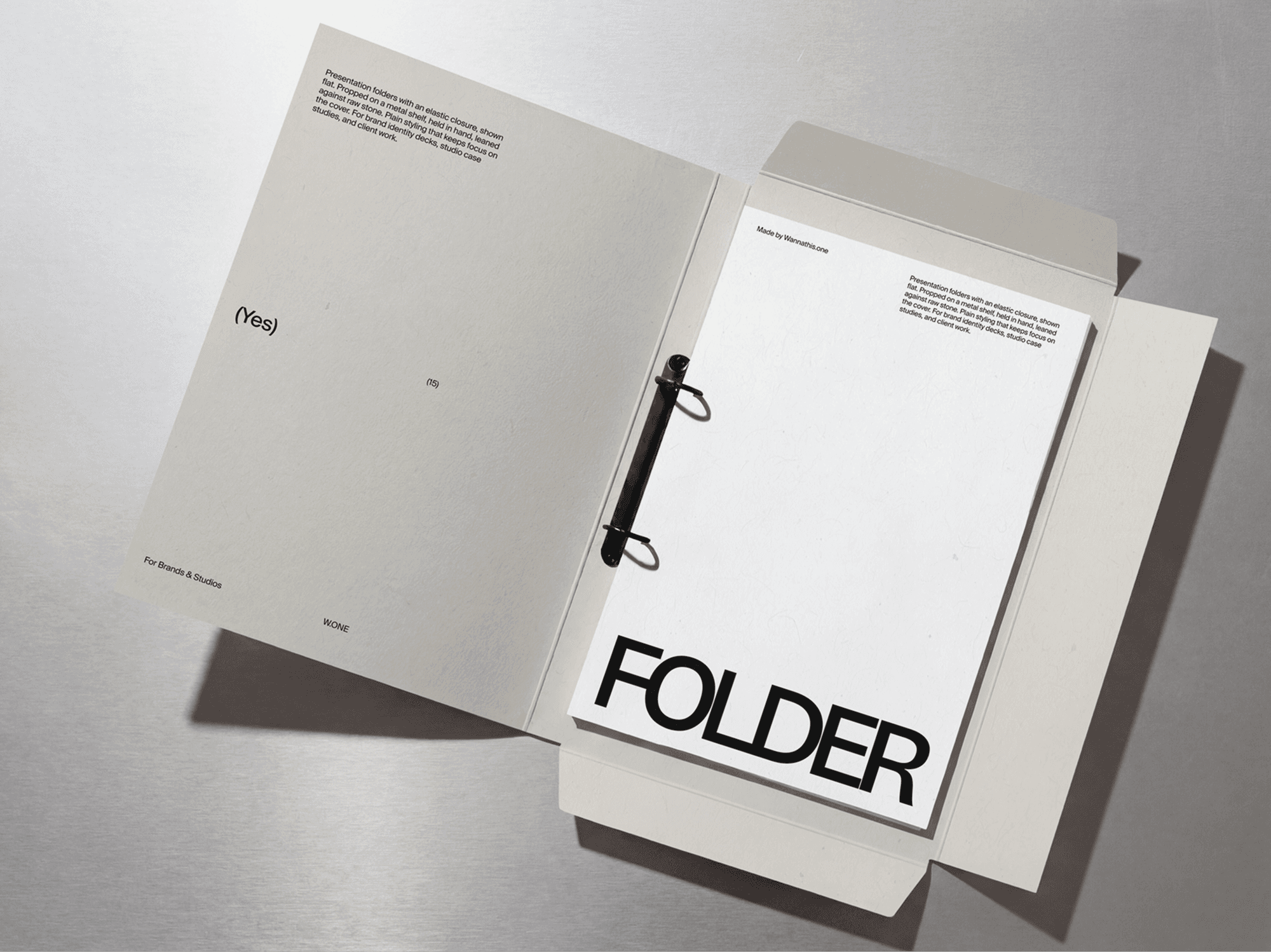 Open ring binder folder mockup with document pages fanned out in a refined studio composition scene