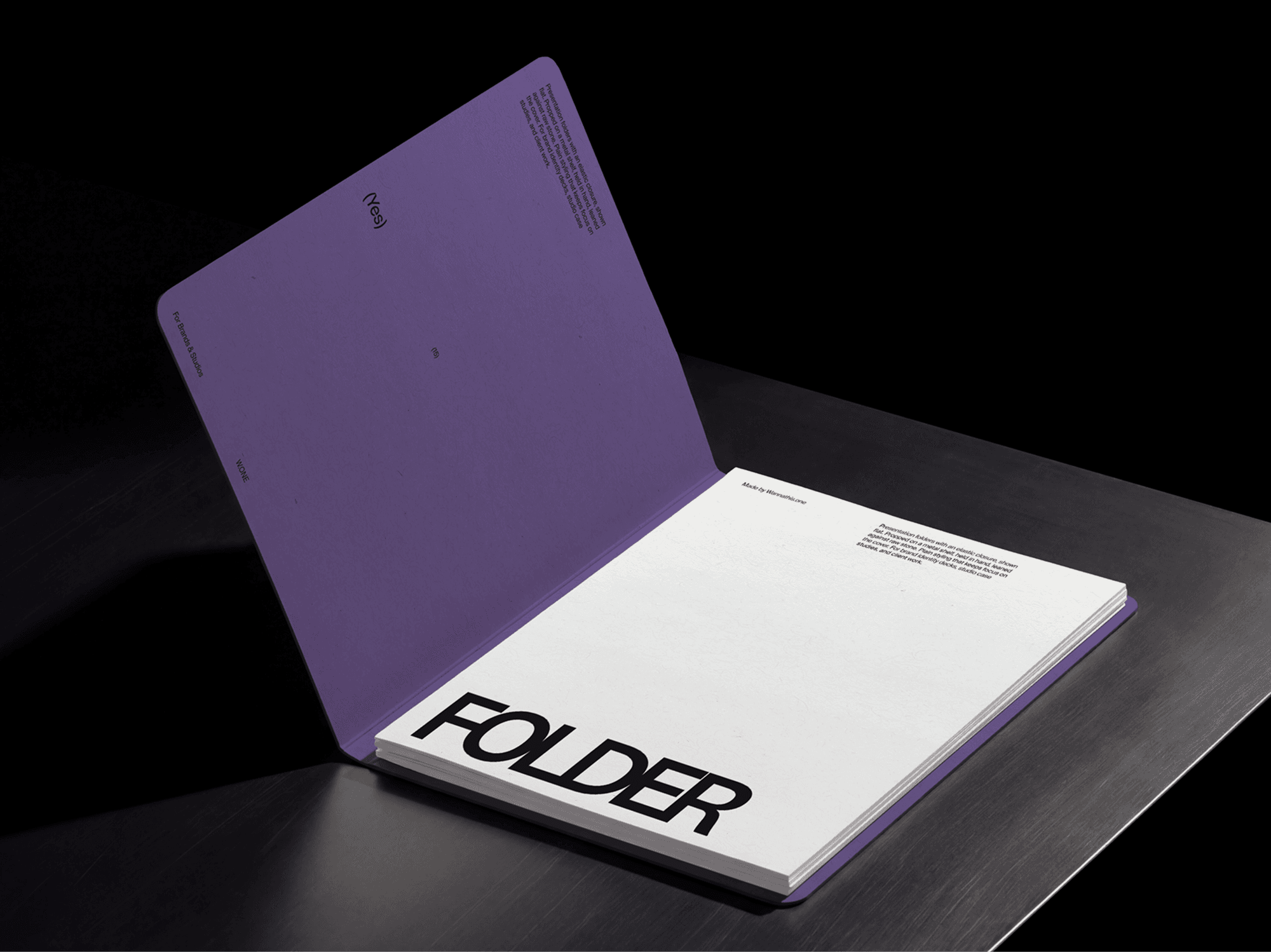 Open portfolio folder mockup displayed on a refined modern table in a clean studio composition scene