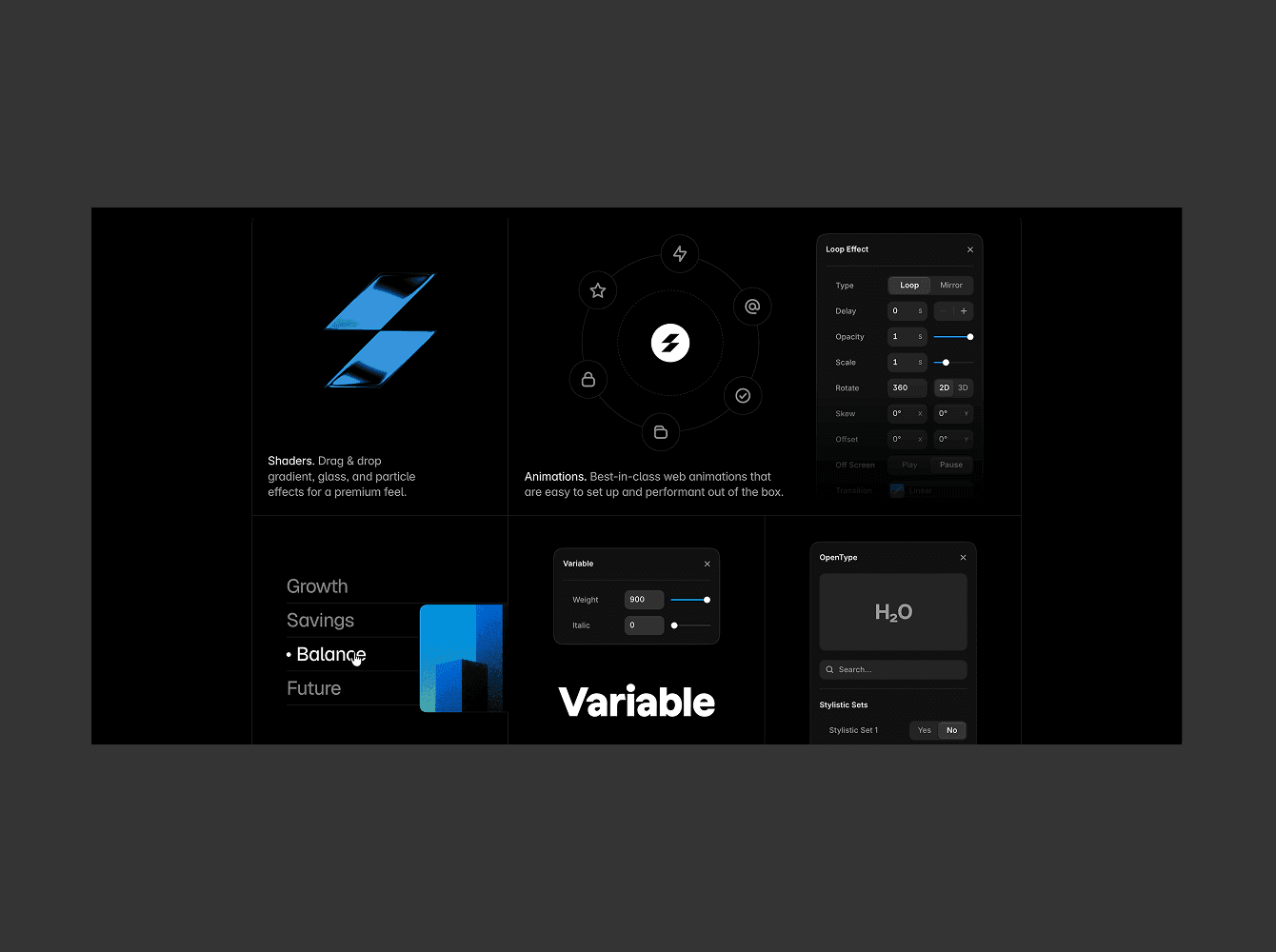 Framer feature section shown as a dark bento grid with shader, animation and variable font panels, an example of bento grid layout for web design tools