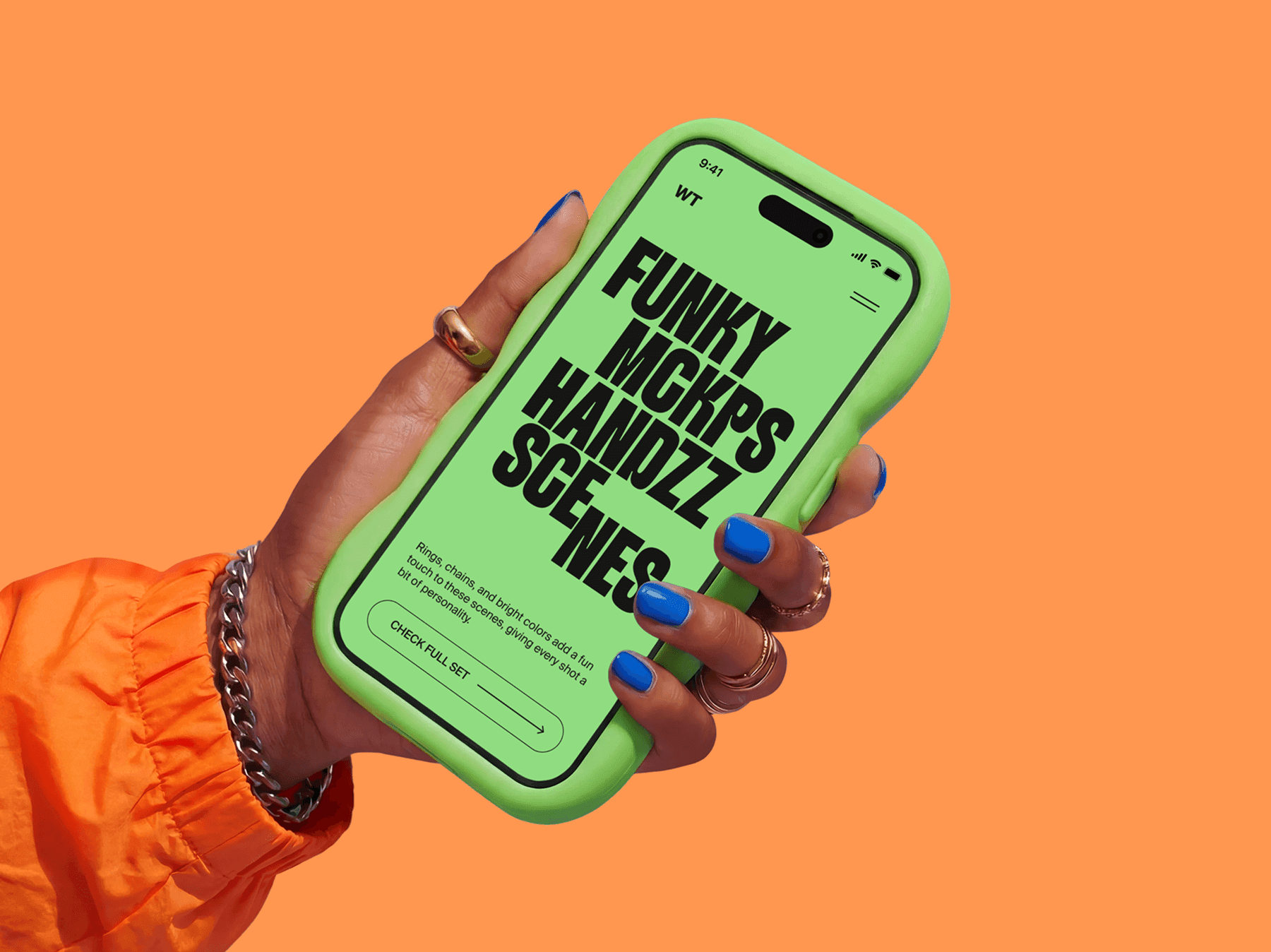iPhone mockup held in one hand with bold accessories and a studio background