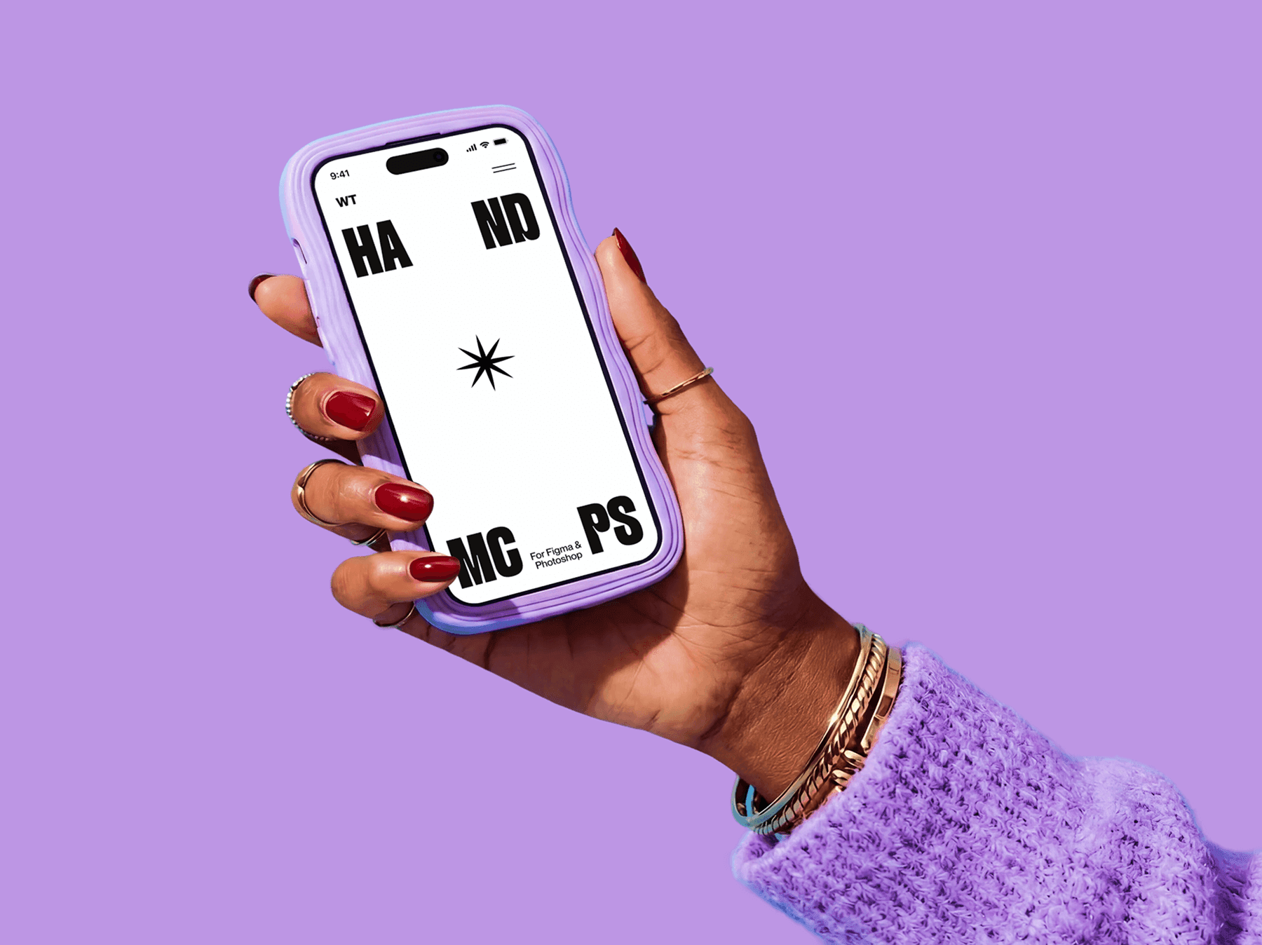 iPhone mockup held in a playful hand pose against a clean background