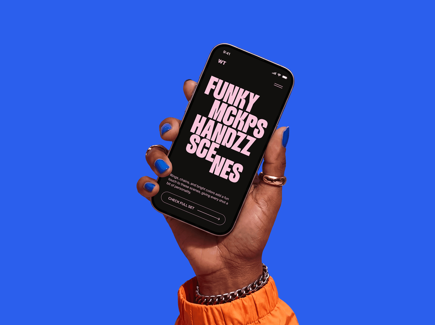 iPhone mockup held in one hand with bold accessories against a studio background