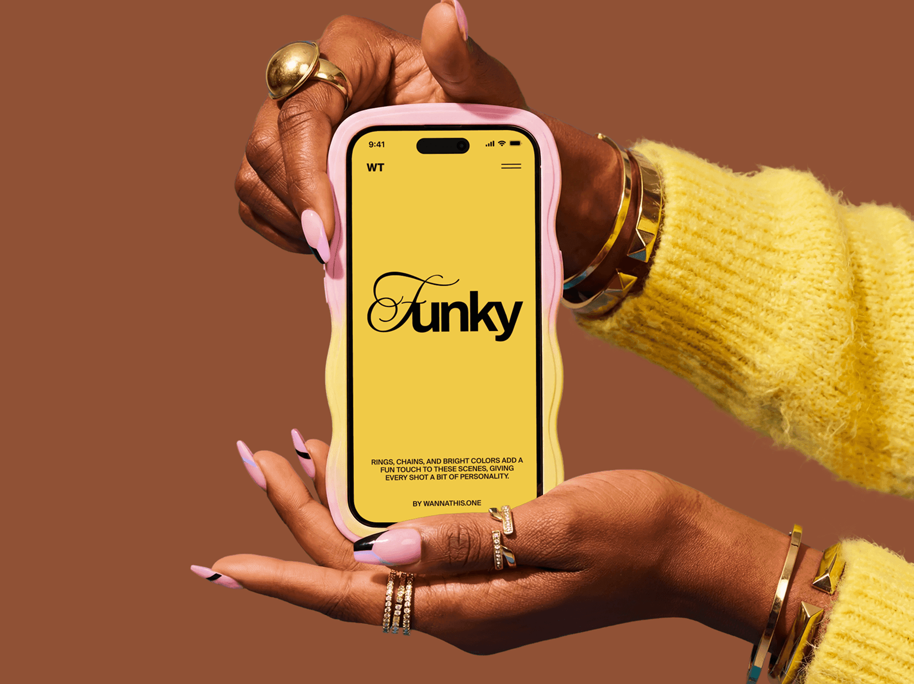 iPhone mockup presented with both hands wearing rings and bracelets