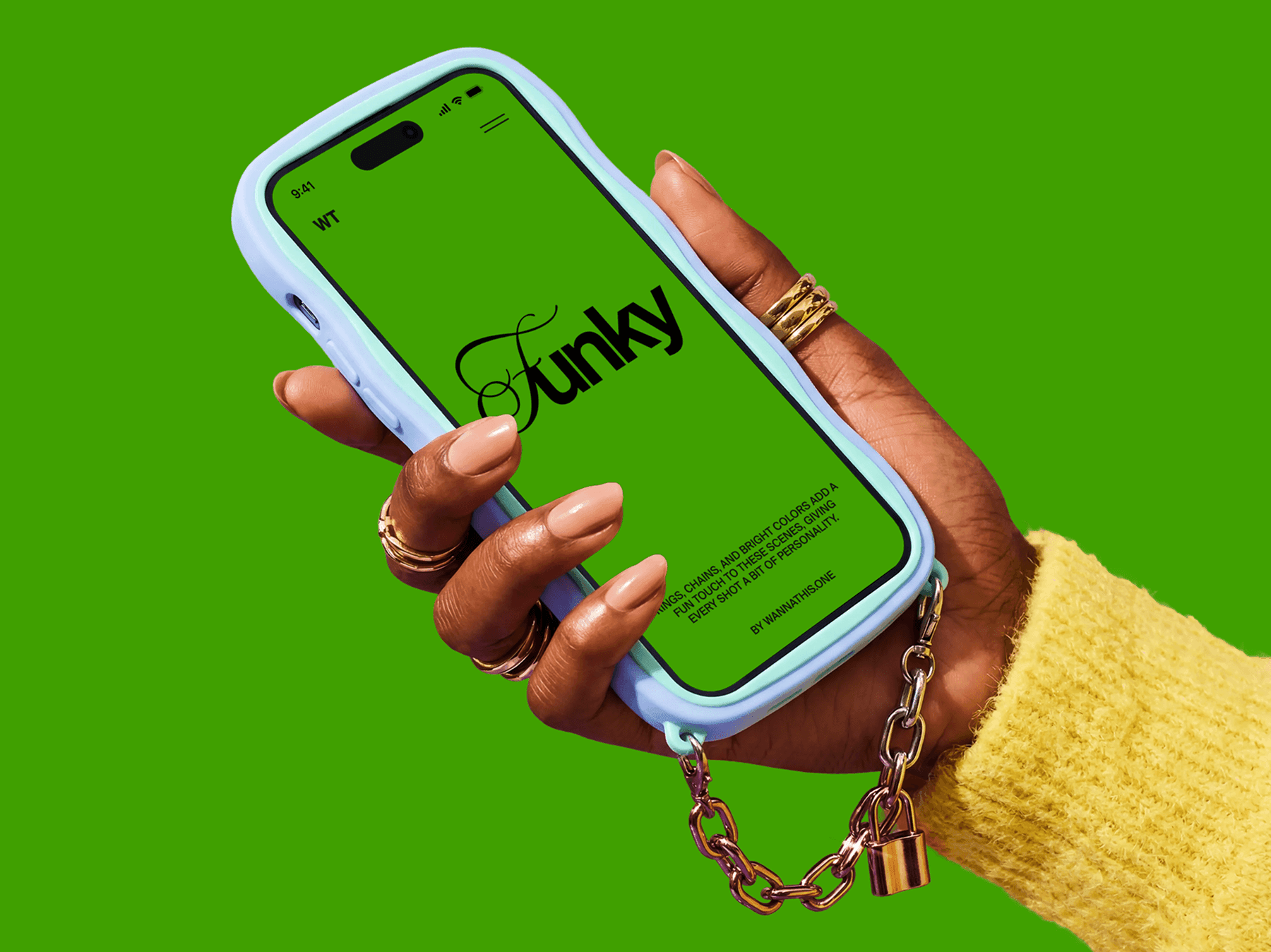 iPhone mockup held in hand with a decorative chain accessory