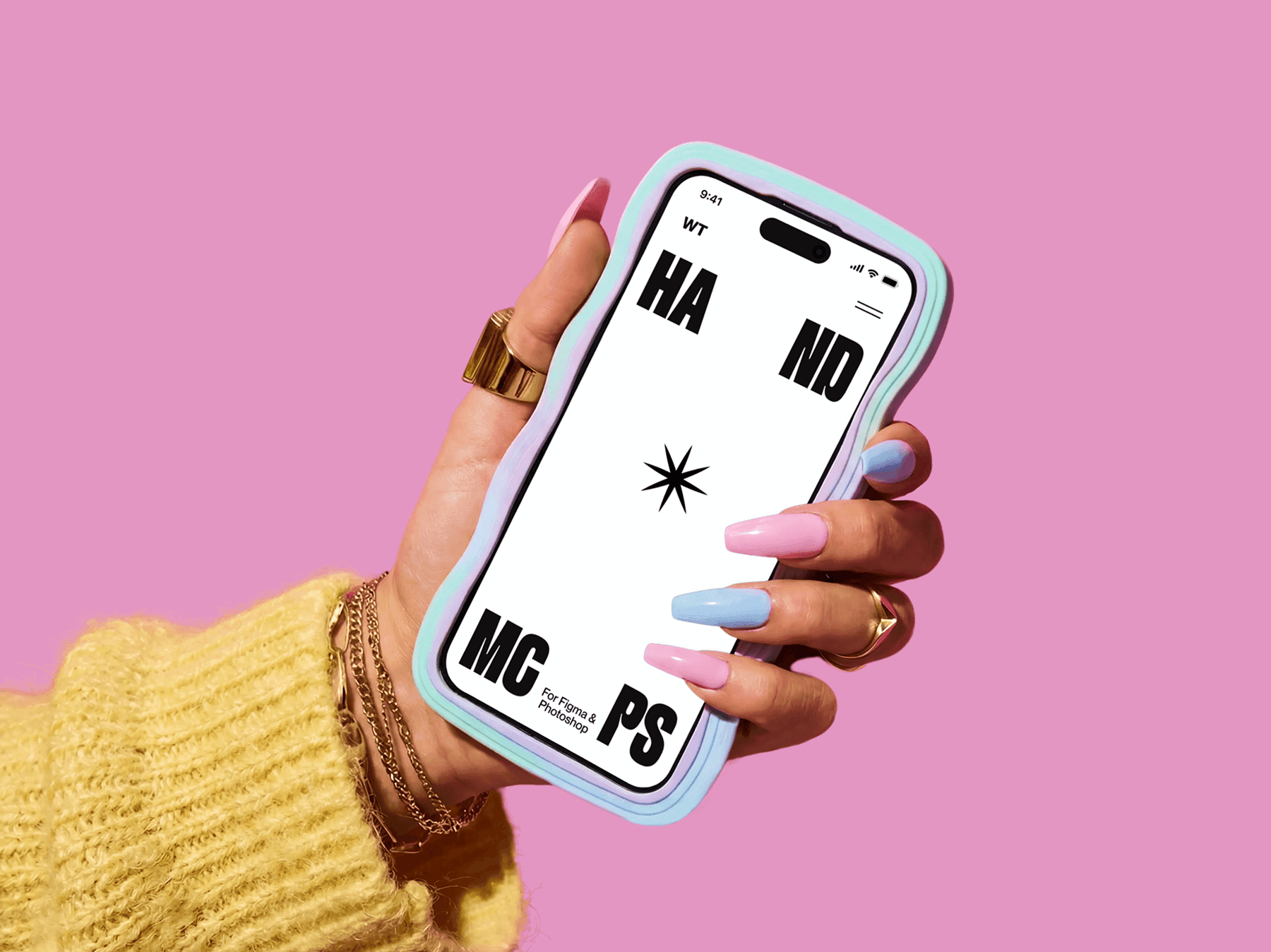 iPhone mockup held in a playful hand pose against a clean studio background