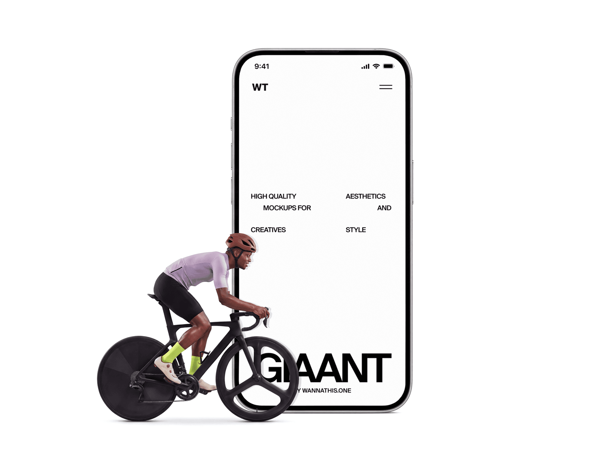 Oversized iPhone standing upright with a cyclist riding across the front of it