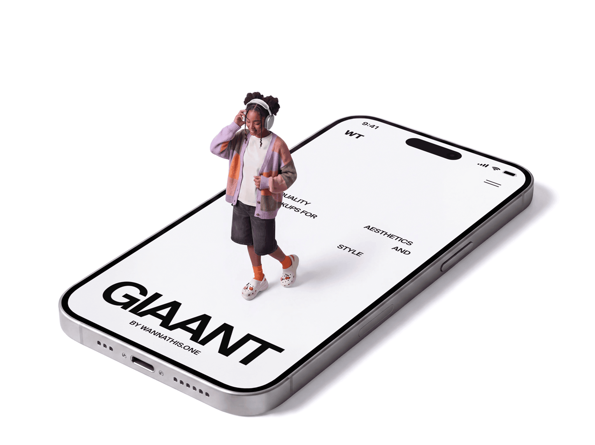Oversized iPhone tilted on the ground with a person walking across the screen surface