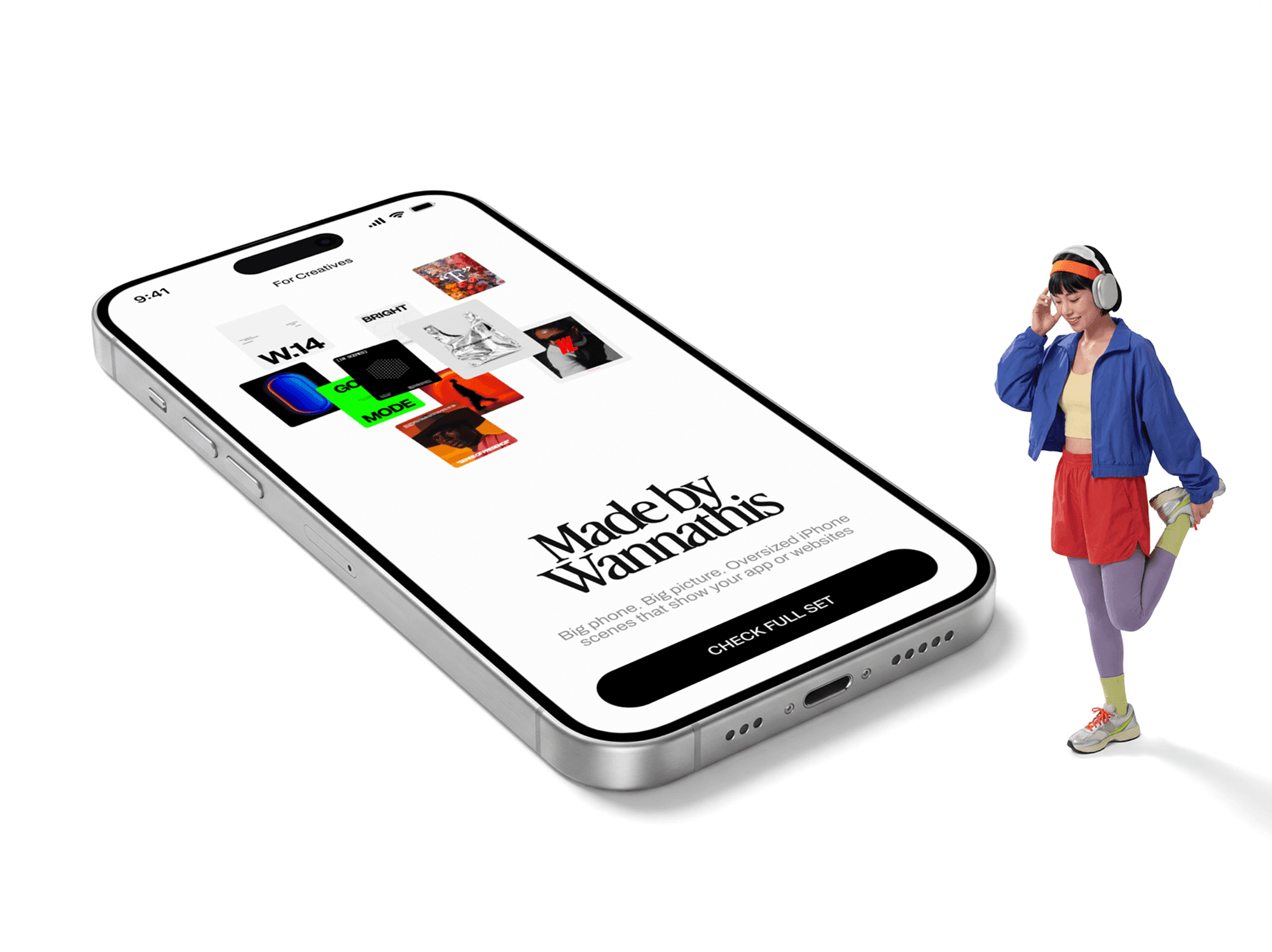 Oversized iPhone tilted on the ground with a person standing on the floor beside it