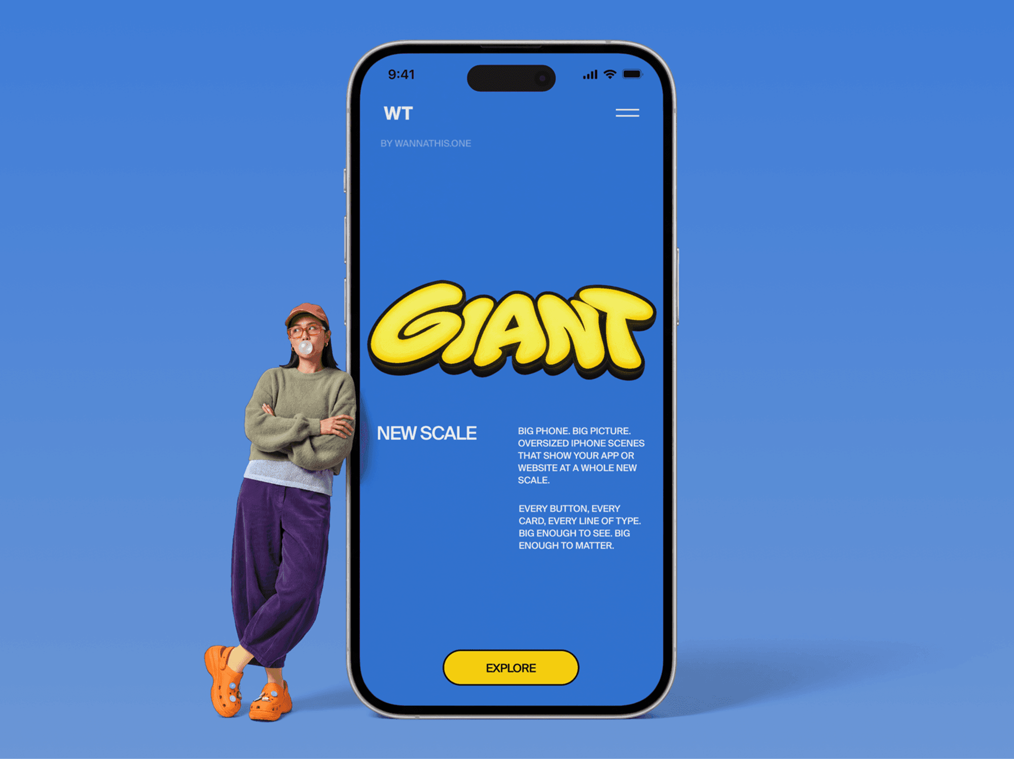Oversized iPhone standing upright with a person leaning against the side edge