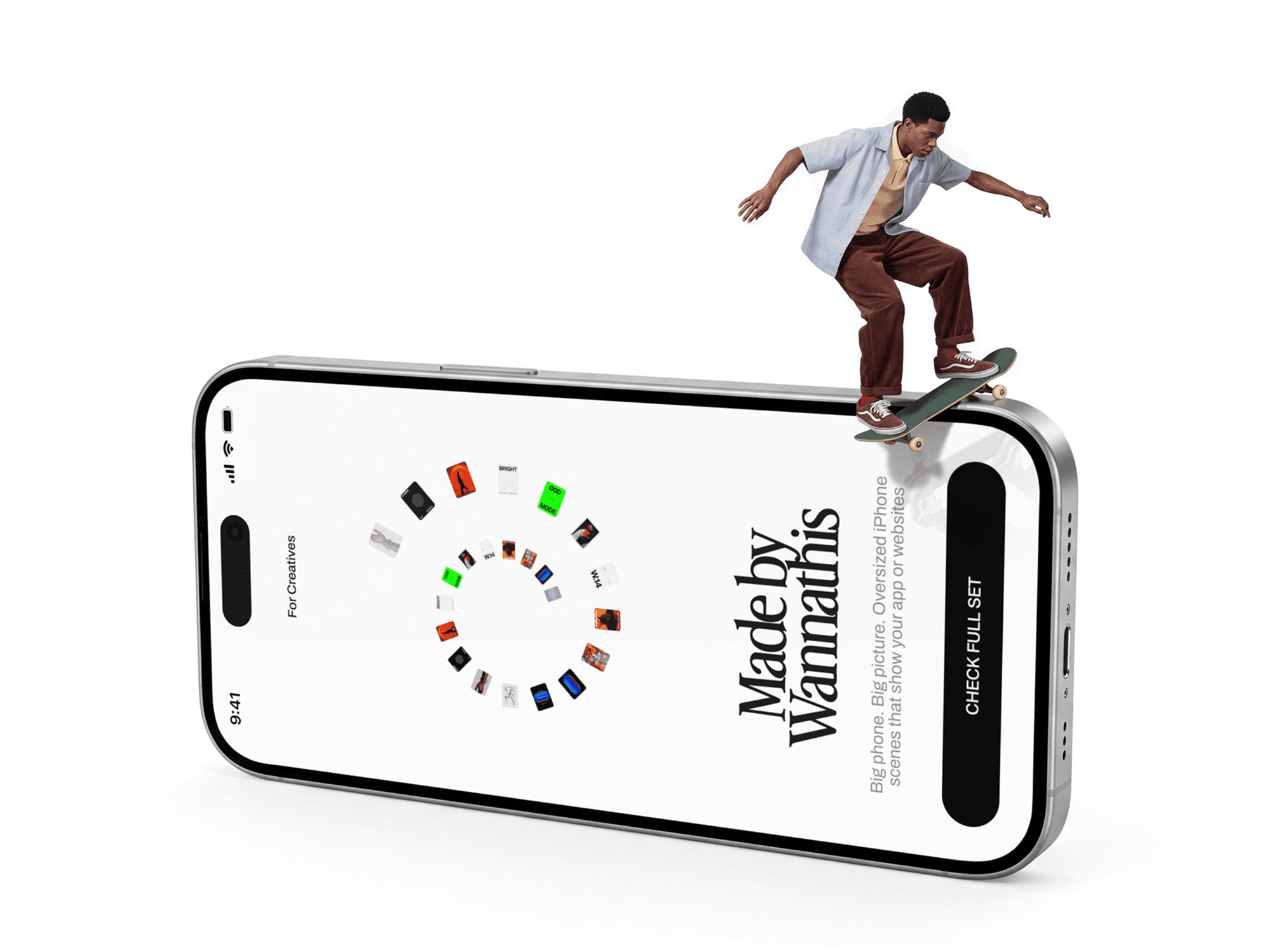 Oversized iPhone lying flat with a skateboarder riding across the top edge