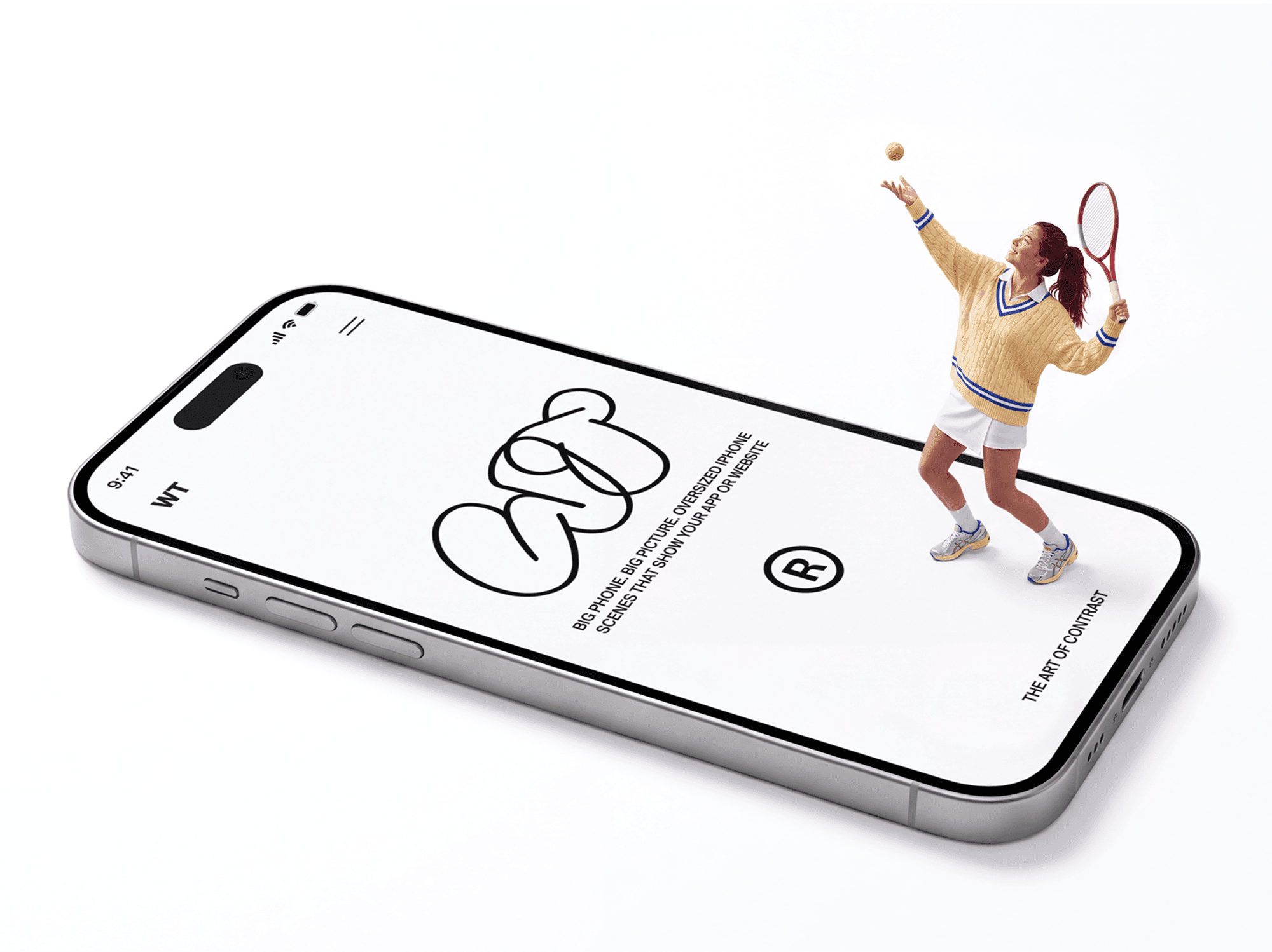Oversized iPhone tilted on the ground with a tennis player standing on the screen