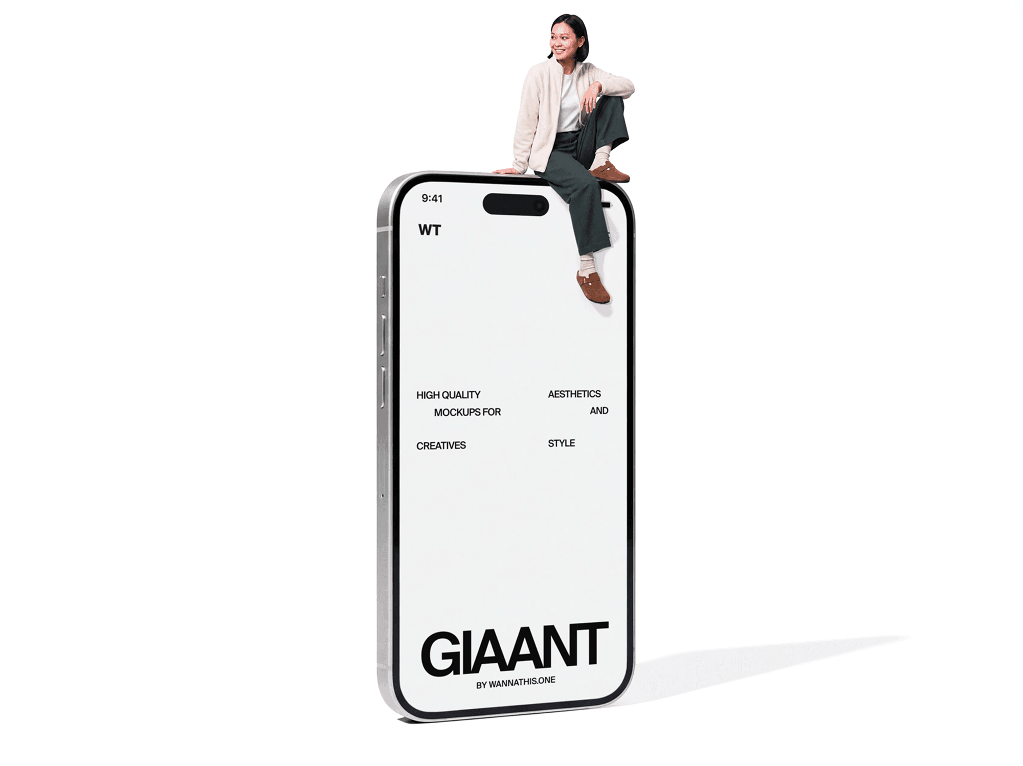 Oversized iPhone standing upright with a woman sitting on the top edge