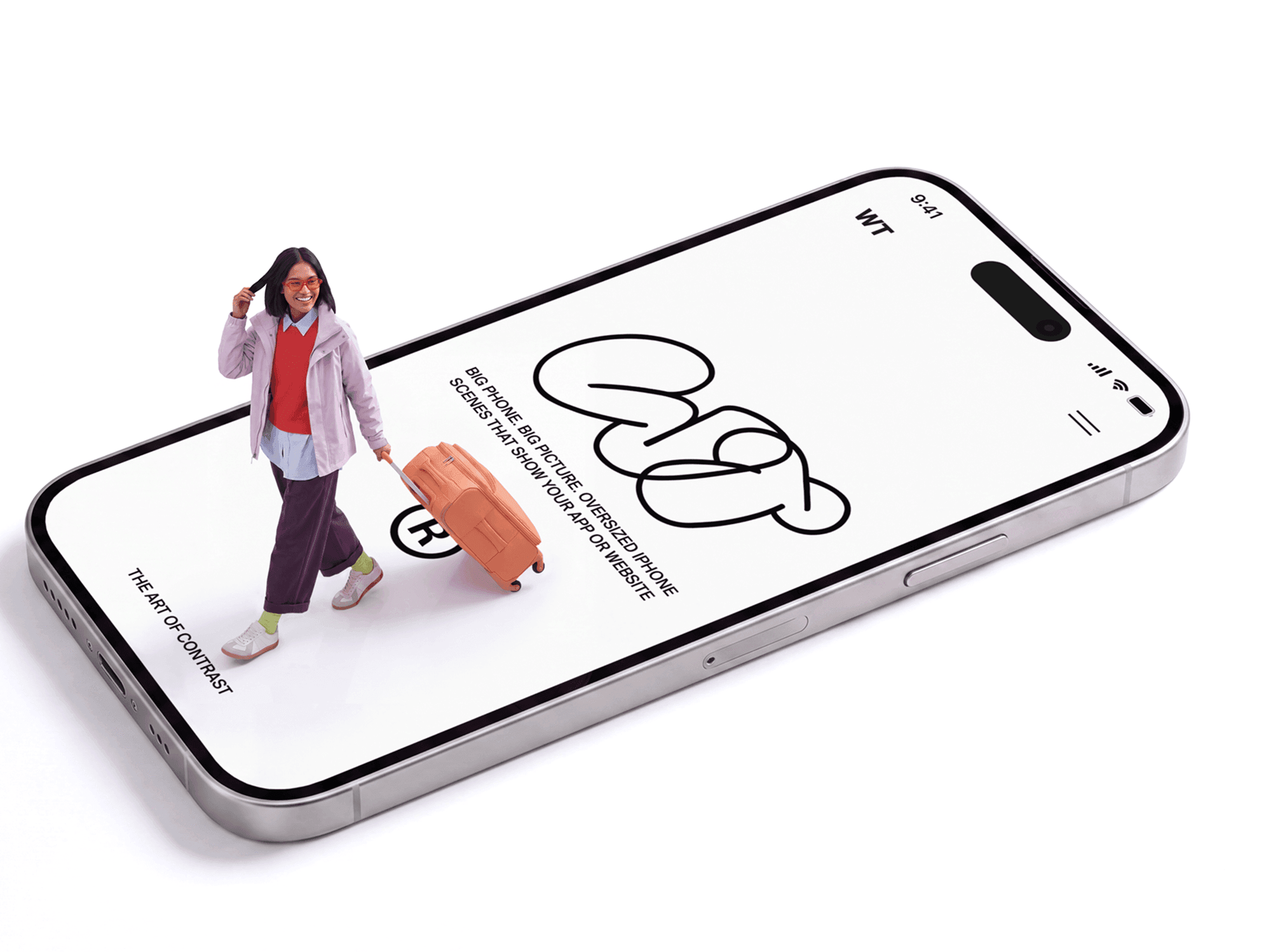 Oversized iPhone tilted on the ground with a traveller crossing the screen with luggage