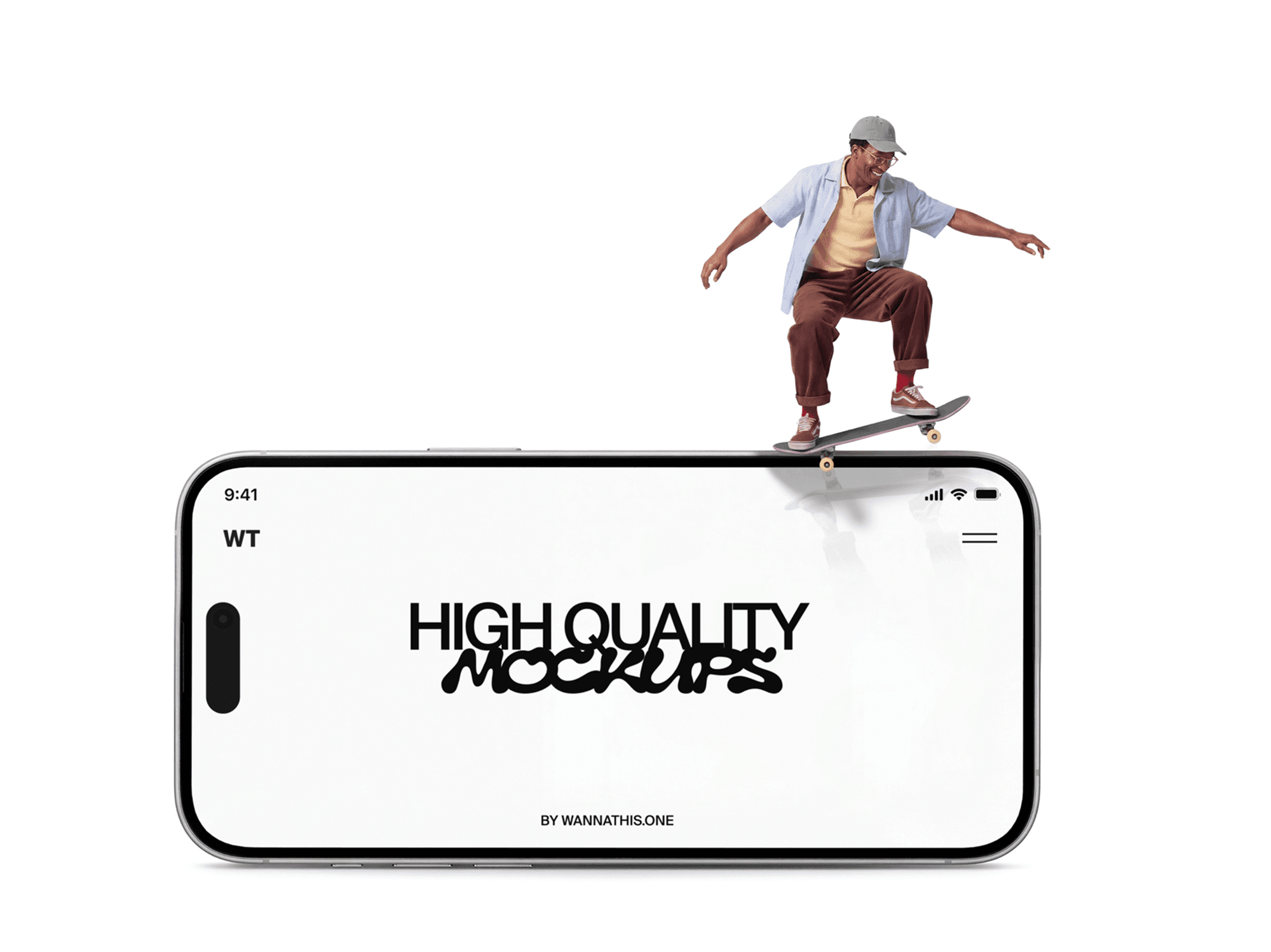 Oversized iPhone lying flat with a skateboarder riding along the length of the device