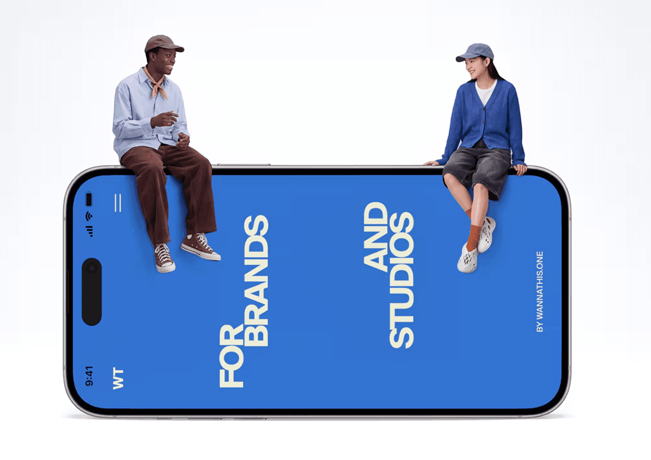 A giant iPhone mockup with two people sitting on top of the phone against white, a For brands and studios screen, an oversized phone mockup for bold presentations