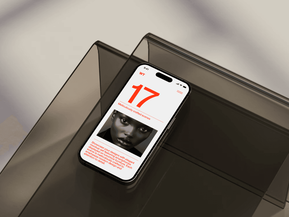 iPhone 16 mockup on glass table with elegant reflection and clean modern interface by Wannathis