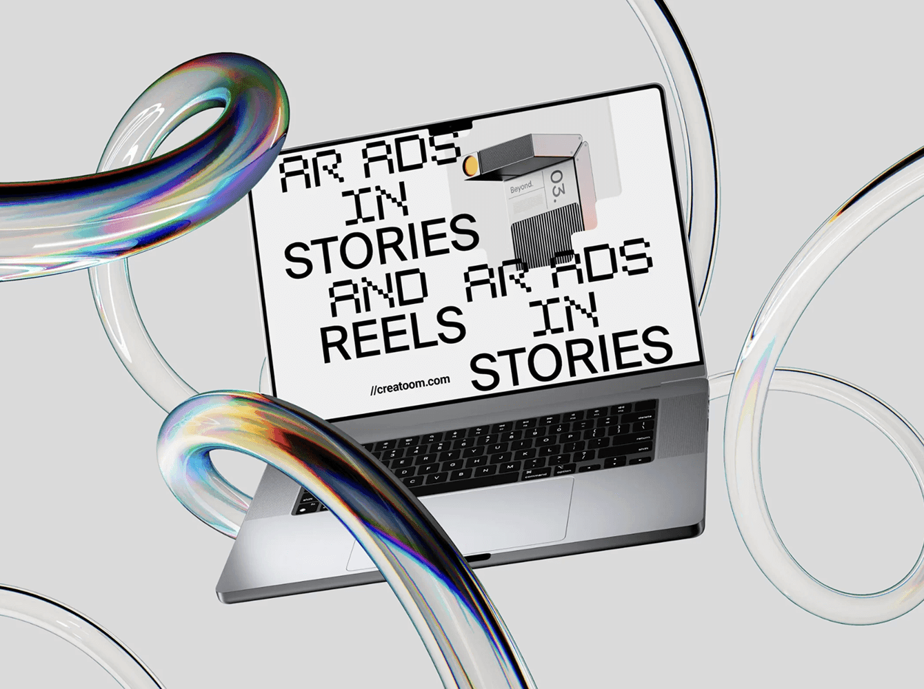 MacBook Pro mockup with abstract plastic rings in a minimal setup