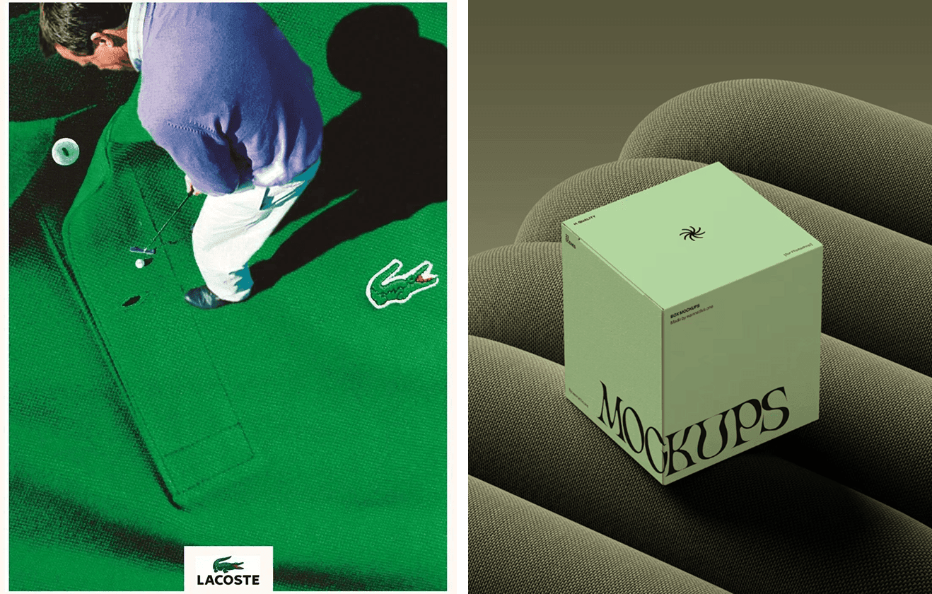 Conceptual green fashion photo paired with a textured green box mockup by Wannathis on a soft fabric surface