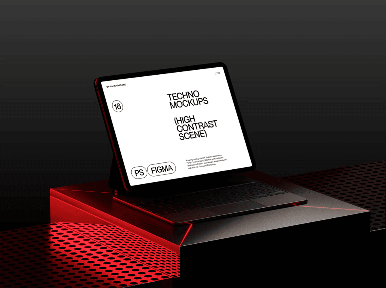Grid iPad mockup by Wannathis in high contrast red futuristic scene with glowing reflections and minimal dark background