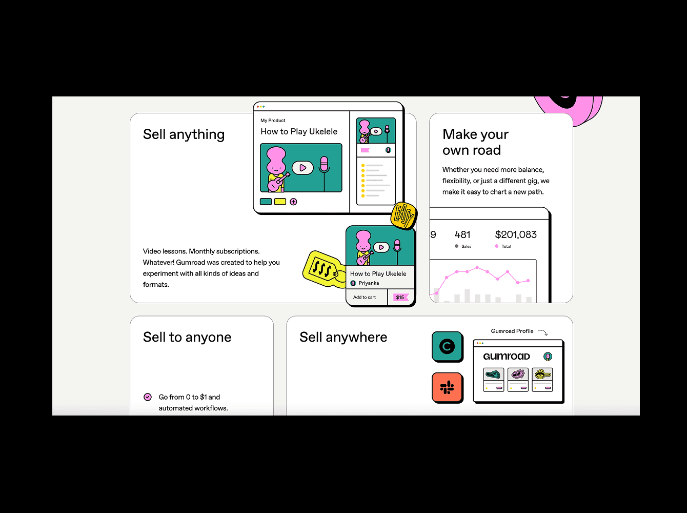 Gumroad landing section built from rounded bento cards with illustrations, sales charts and product previews, an example of bento grid layout for saas sites
