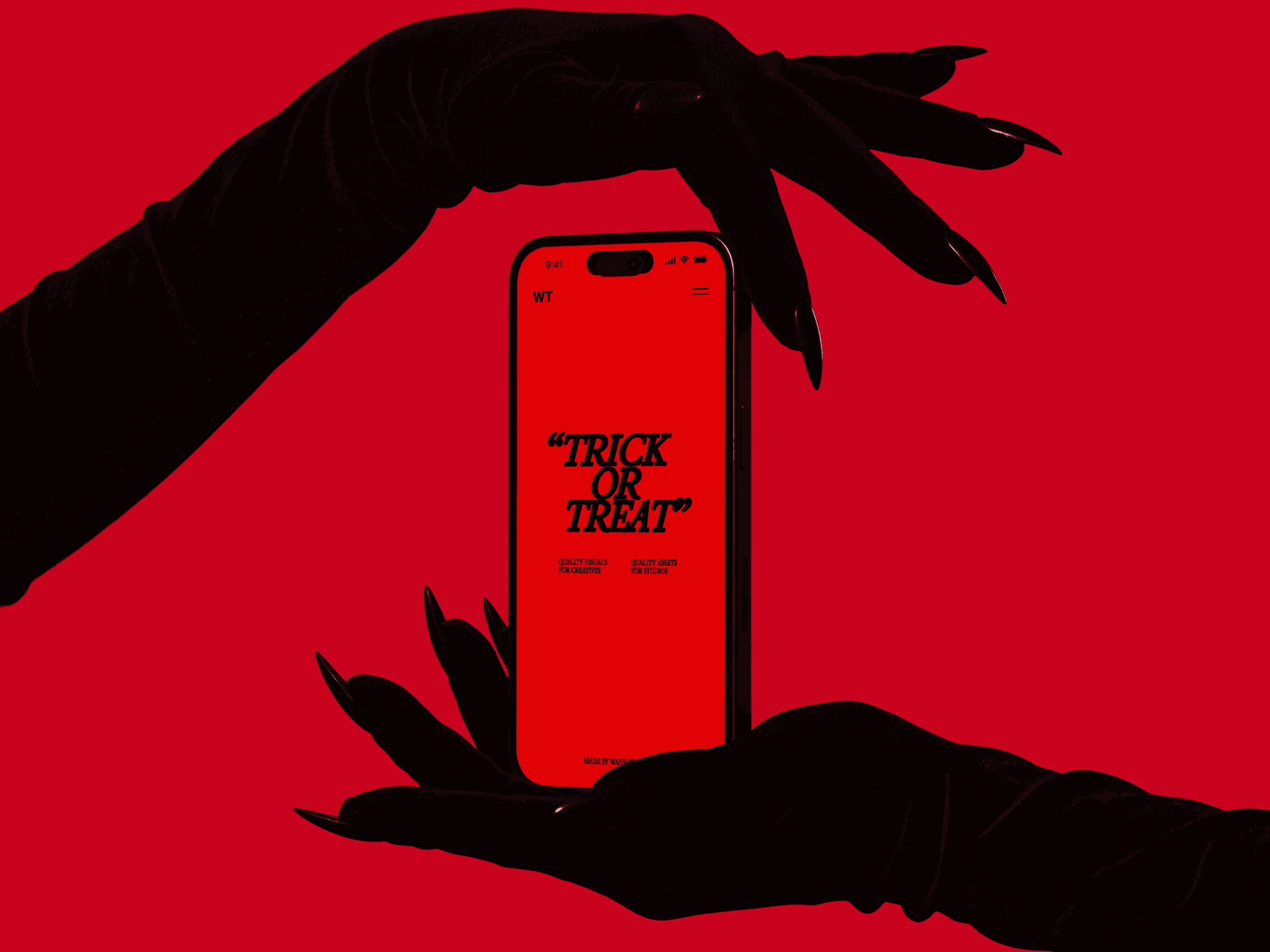 iPhone mockup held upright between two clawed hands with long dark nails