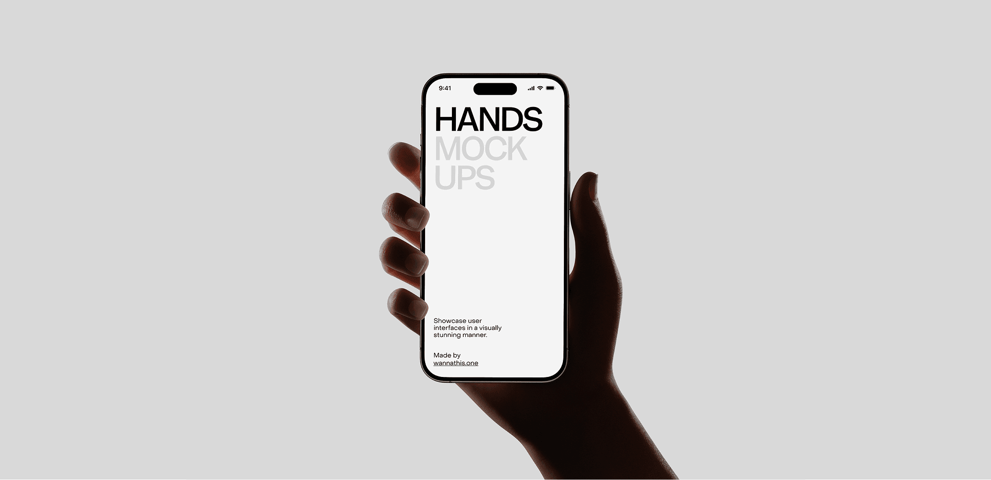 Minimal iPhone mockup in hand with clean white screen, modern device showcase by Wannathis
