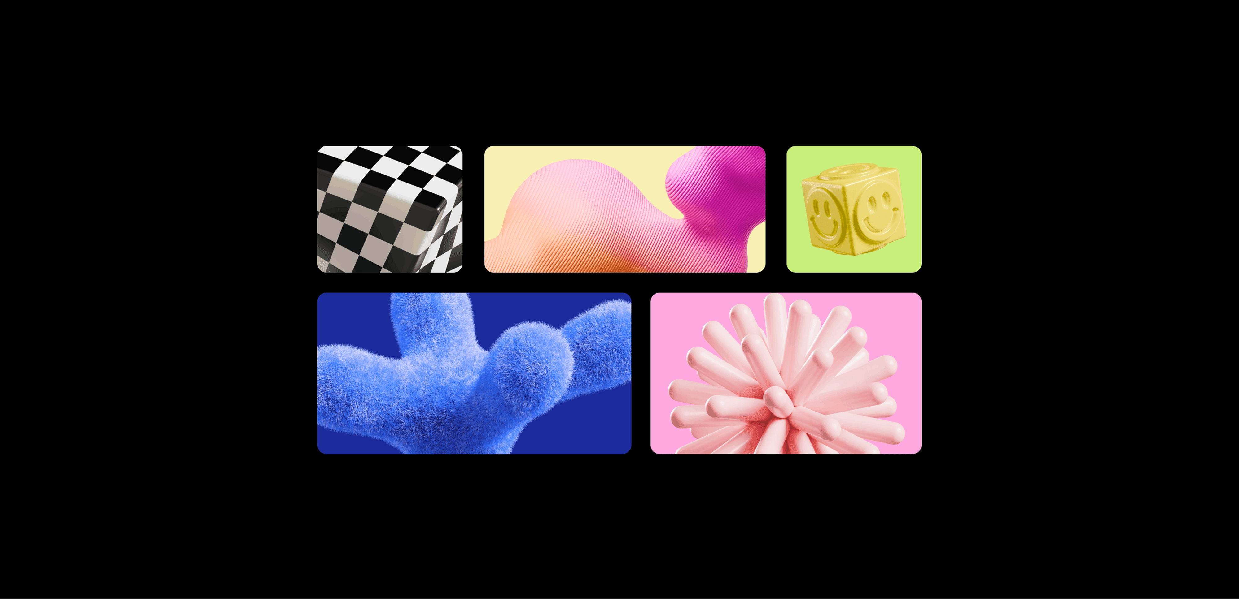 Bento grid of colorful 3D abstract shapes on black, checkered cube, pink wave, smiley cube and fuzzy forms, hero image for an article on bento layout design